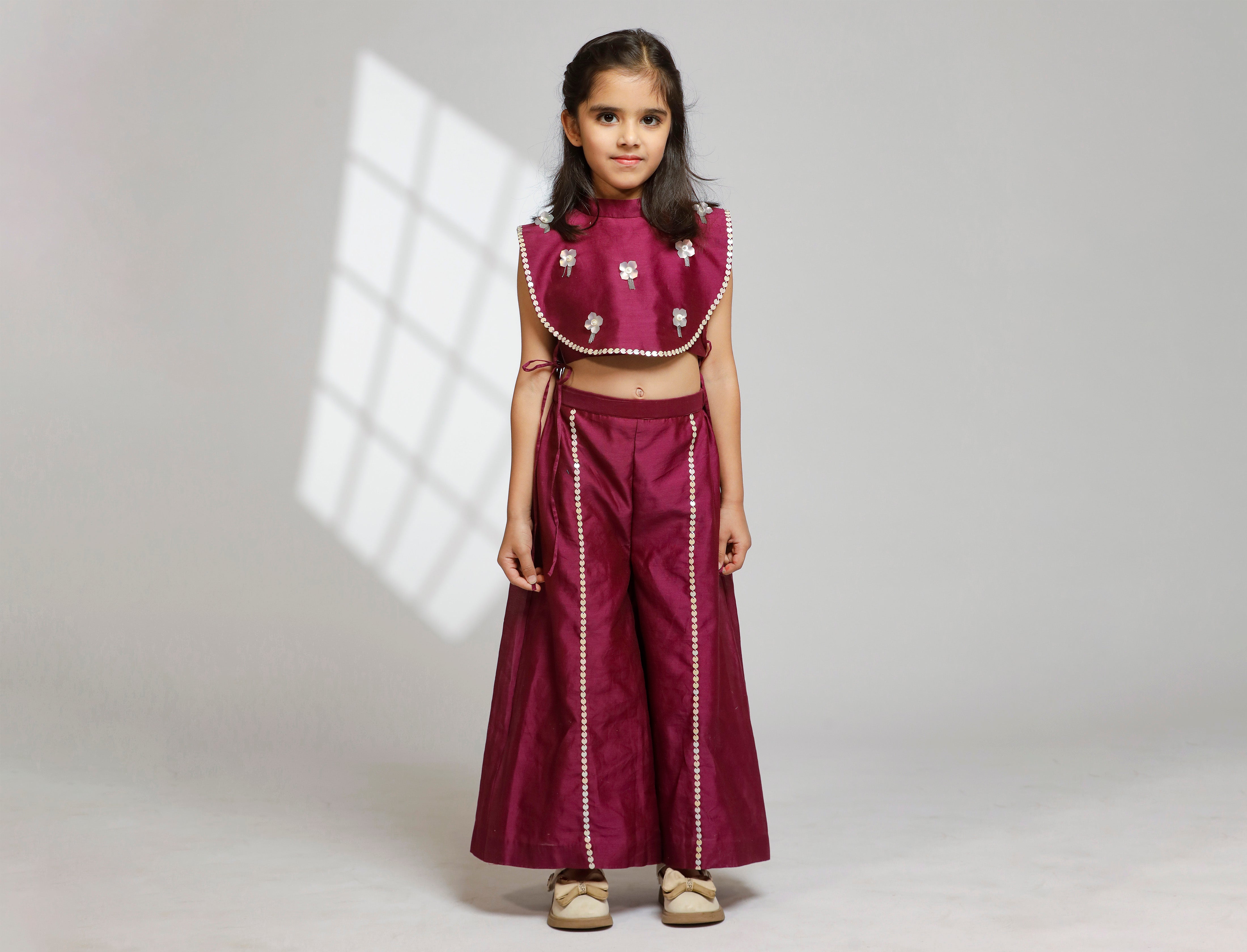 Girl Embellished Crop Top with Flared Pant - Wine