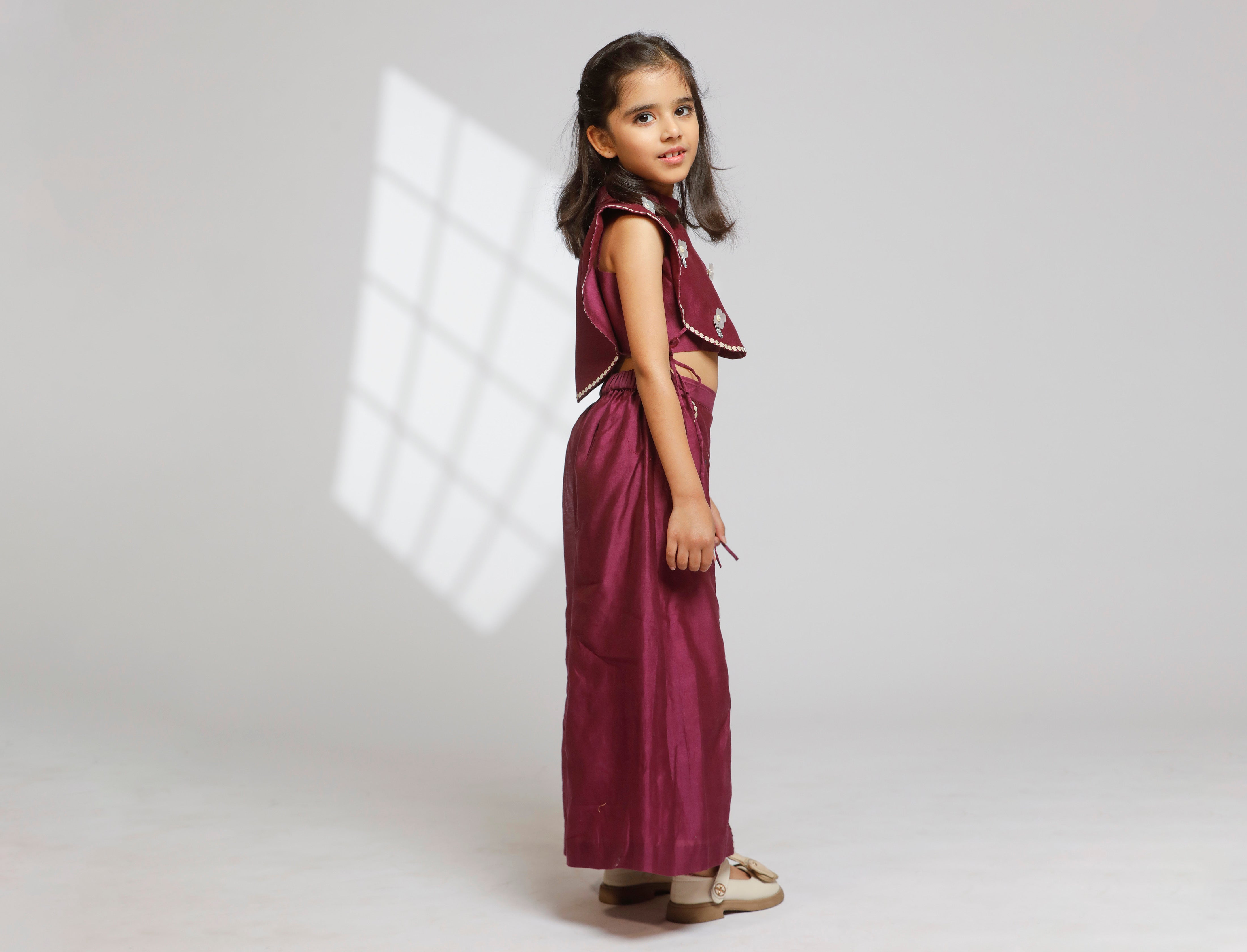 Girl Embellished Crop Top with Flared Pant - Wine