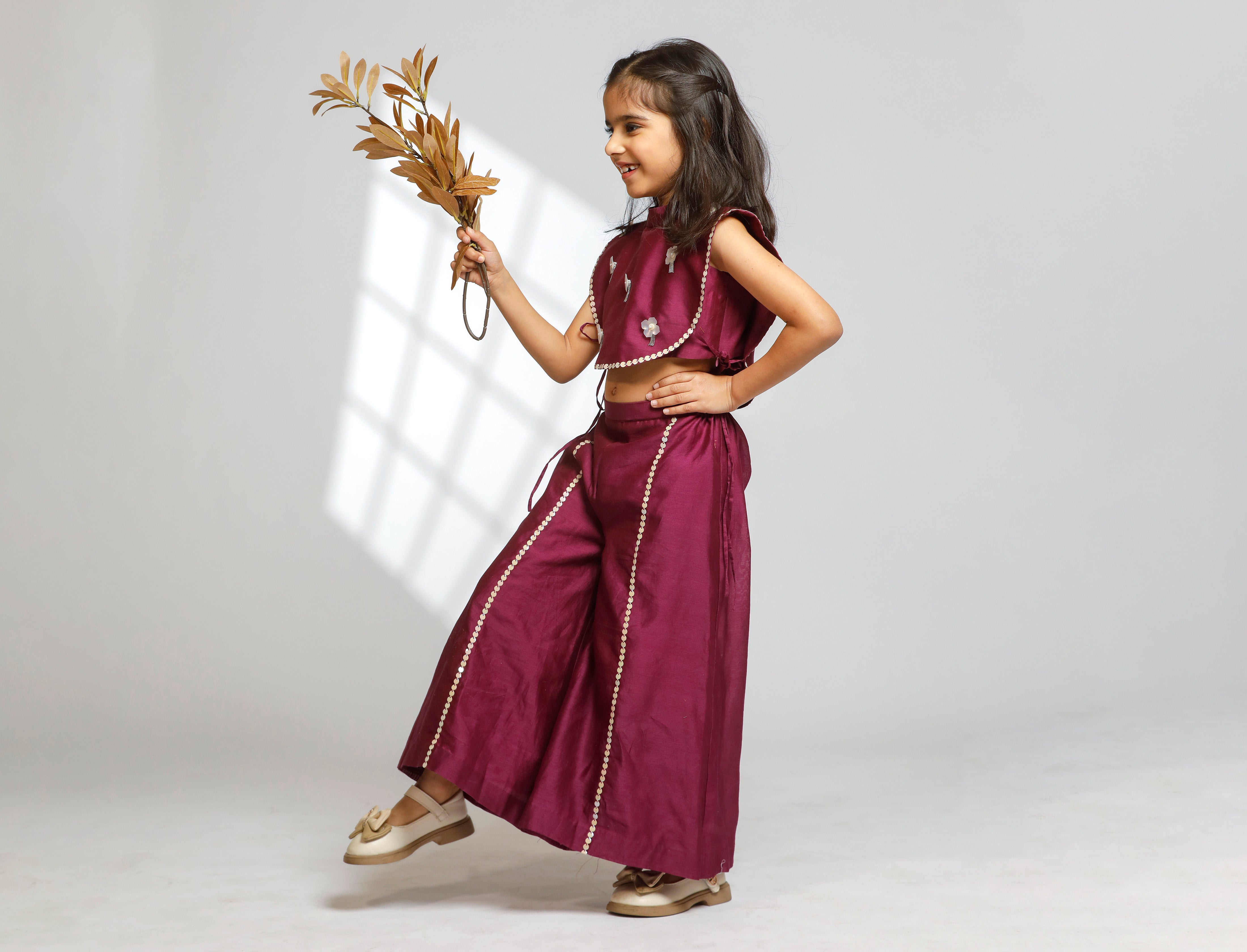 Girl Embellished Crop Top with Flared Pant - Wine