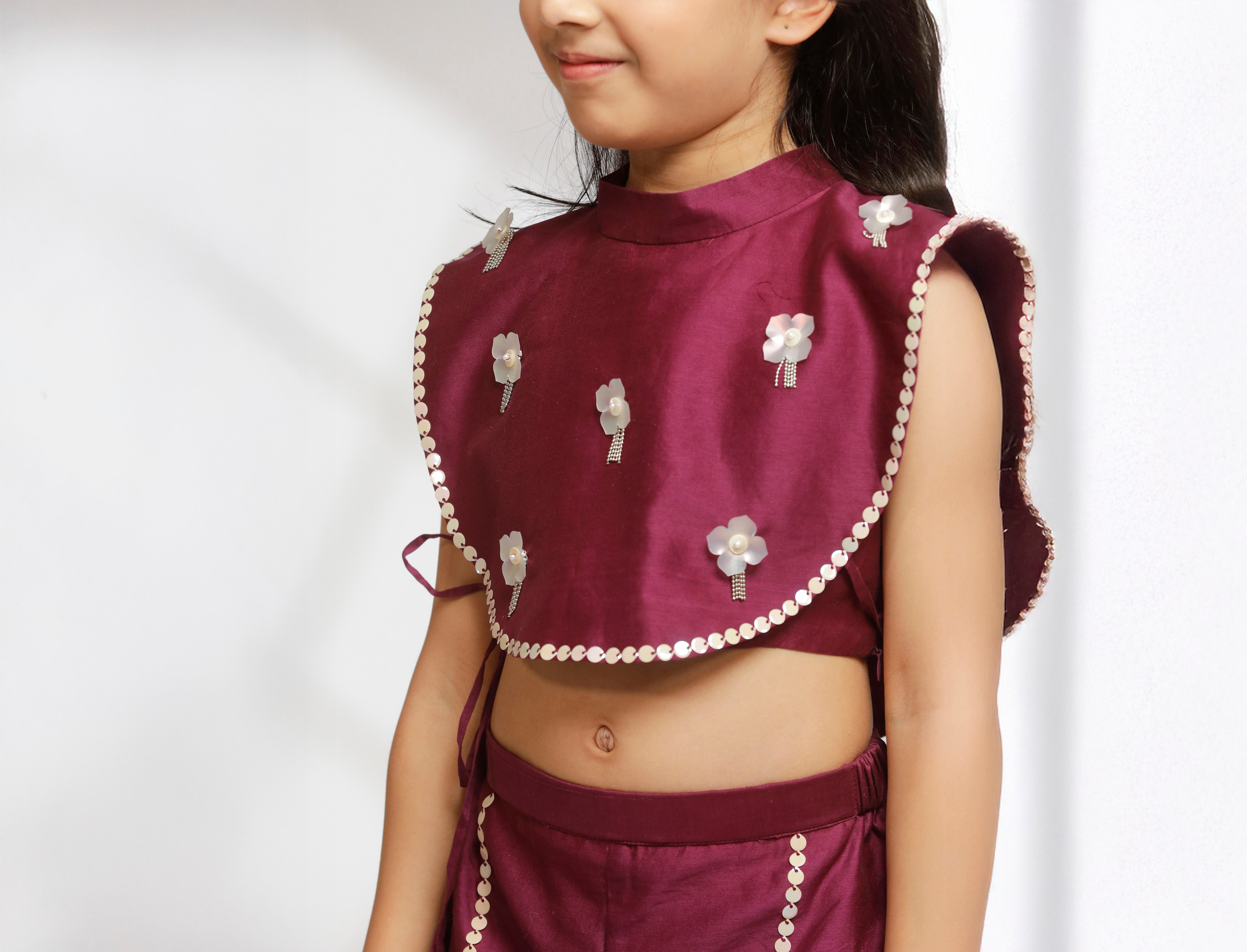 Girl Embellished Crop Top with Flared Pant - Wine