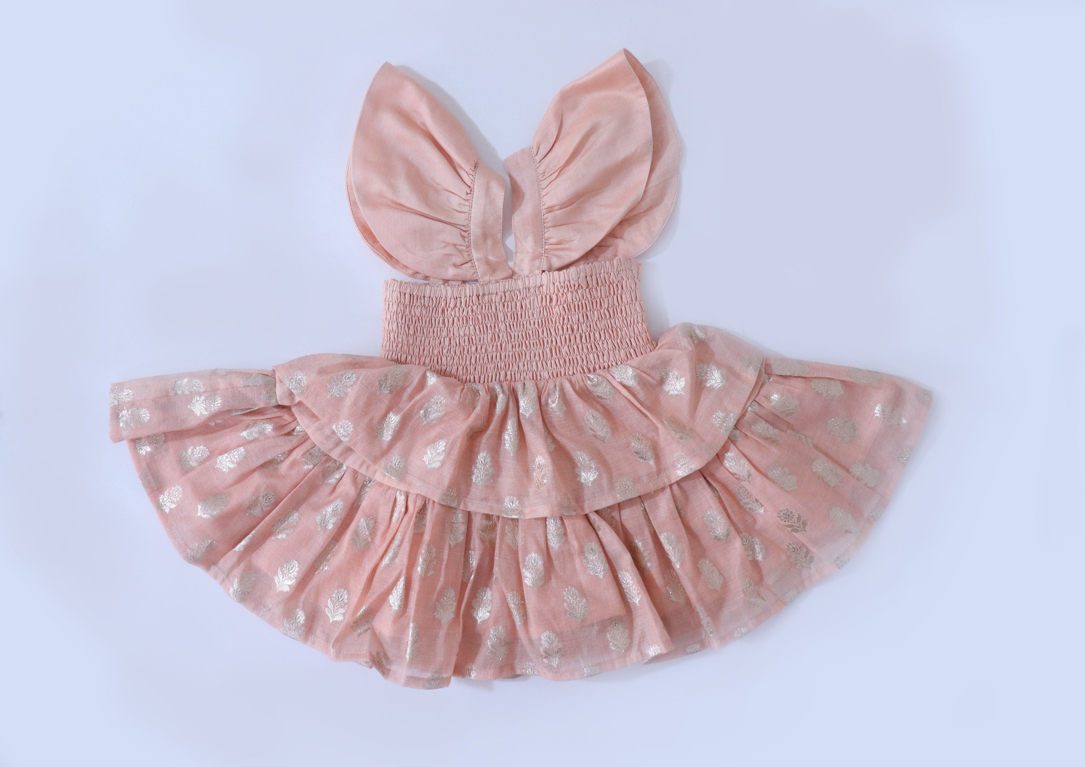 SnuggleMe Infant Girl Peach Smocking Frock with Zari Booti