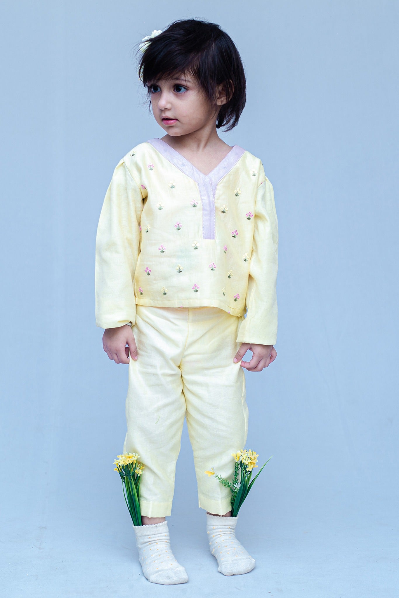 SnuggleMe Girls Chanderi Full Sleeves Ethnic Coord Set with Embroidery work