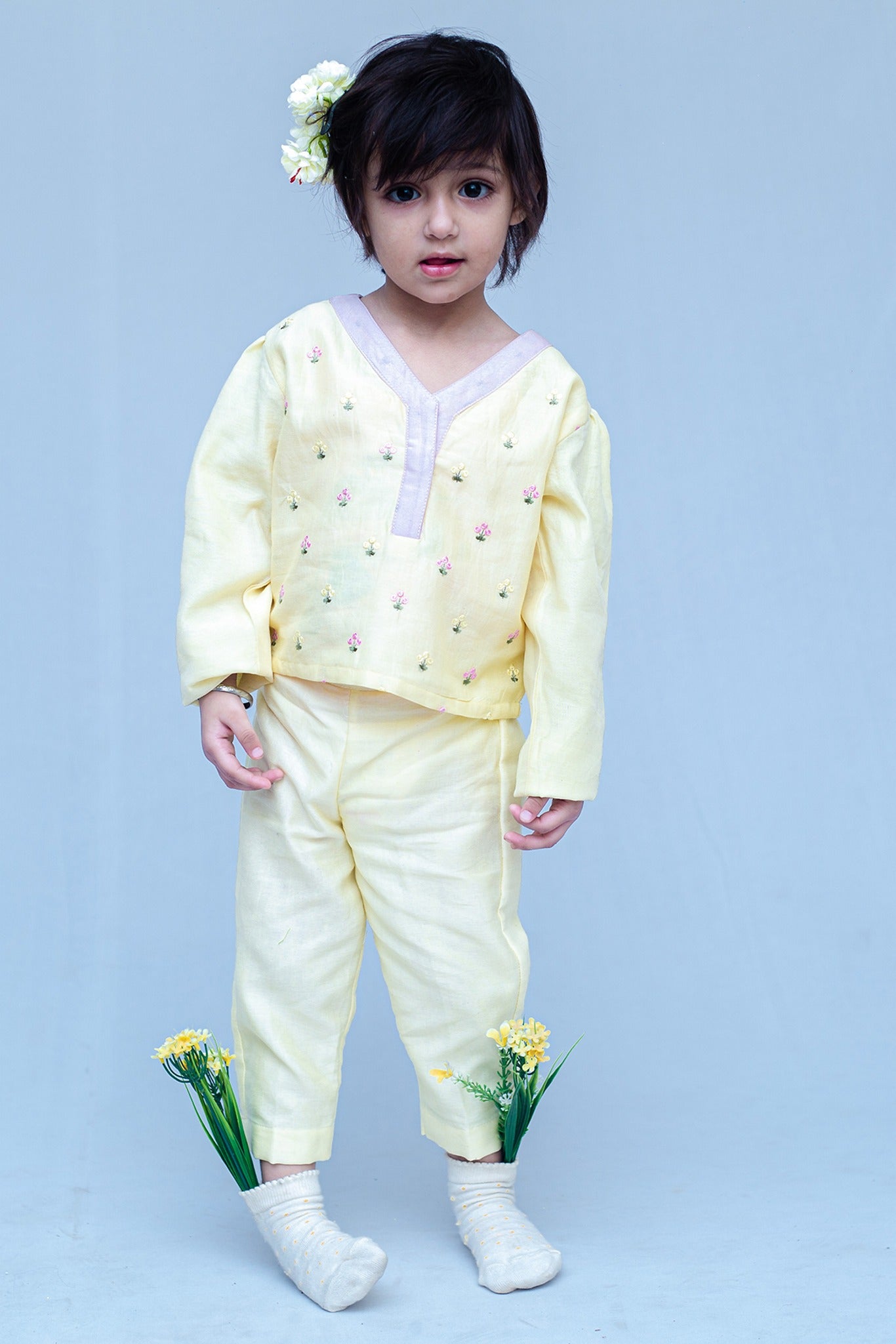SnuggleMe Girls Chanderi Full Sleeves Ethnic Coord Set with Embroidery work