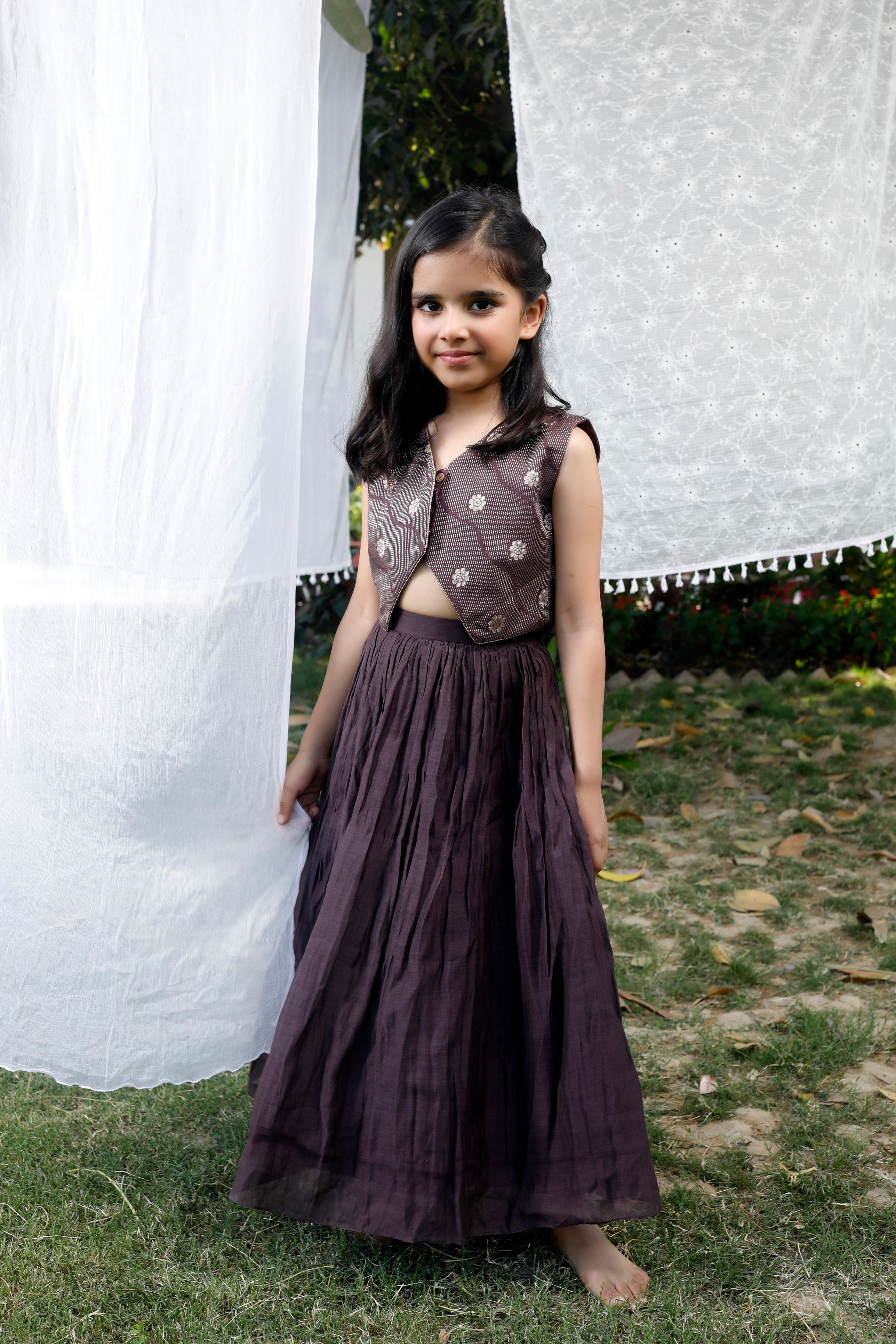 Girl Waist Coat with Flared Skirt - Brown