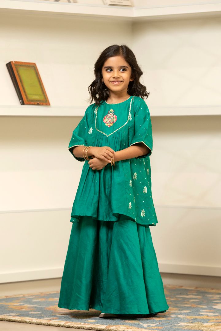 Elegant Yolk Embroidered Kurta Lehenga Set- Green