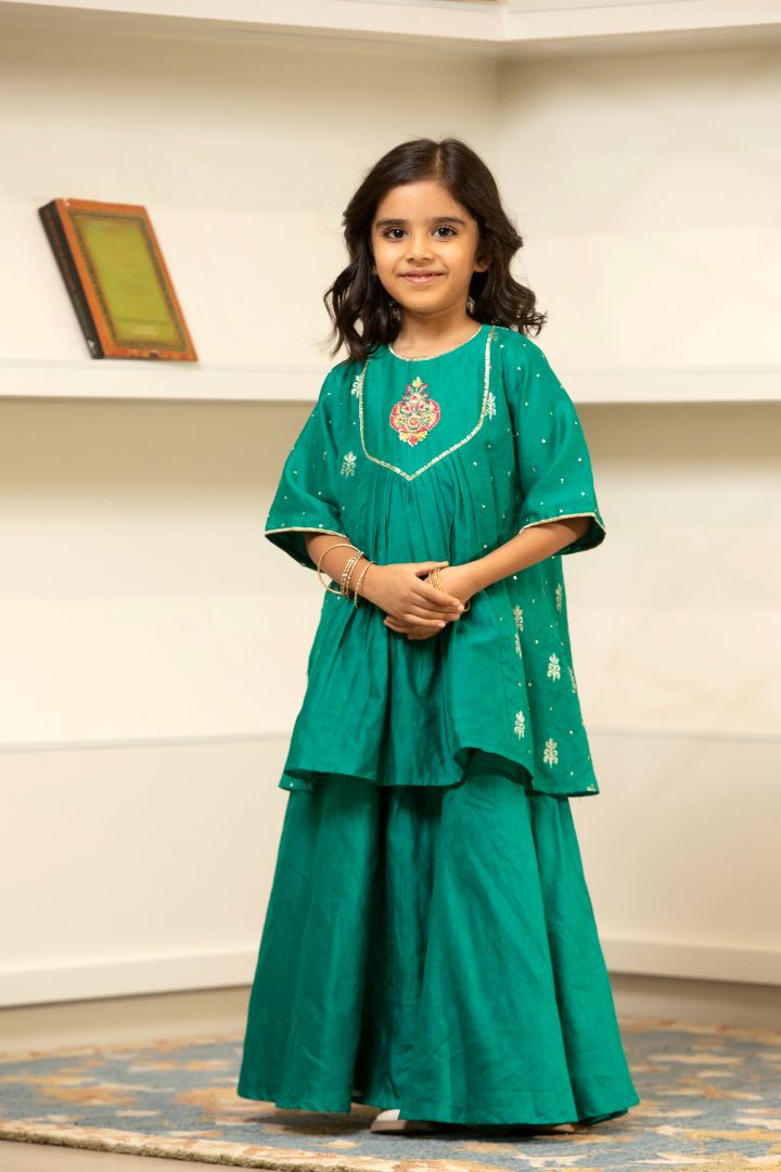 Elegant Yolk Embroidered Kurta Lehenga Set- Green