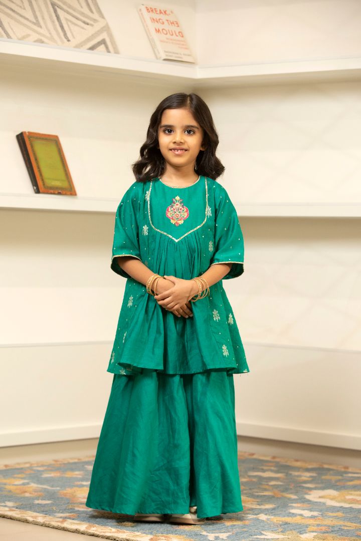 Elegant Yolk Embroidered Kurta Lehenga Set- Green
