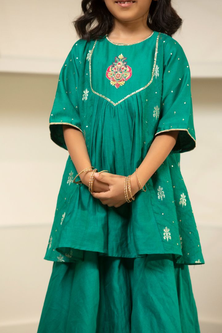 Elegant Yolk Embroidered Kurta Lehenga Set- Green