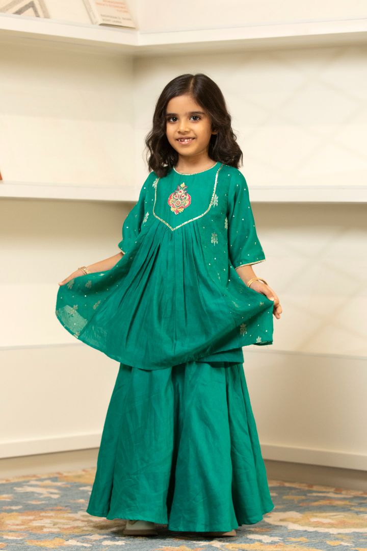 Elegant Yolk Embroidered Kurta Lehenga Set- Green