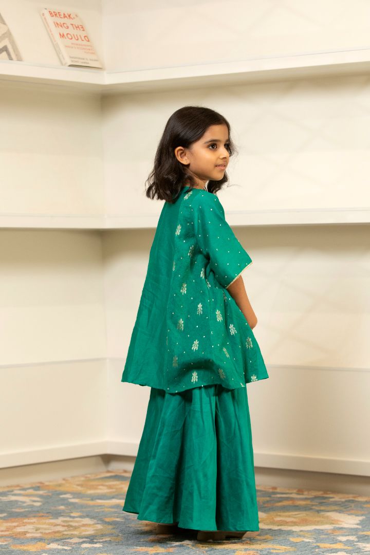 Elegant Yolk Embroidered Kurta Lehenga Set- Green