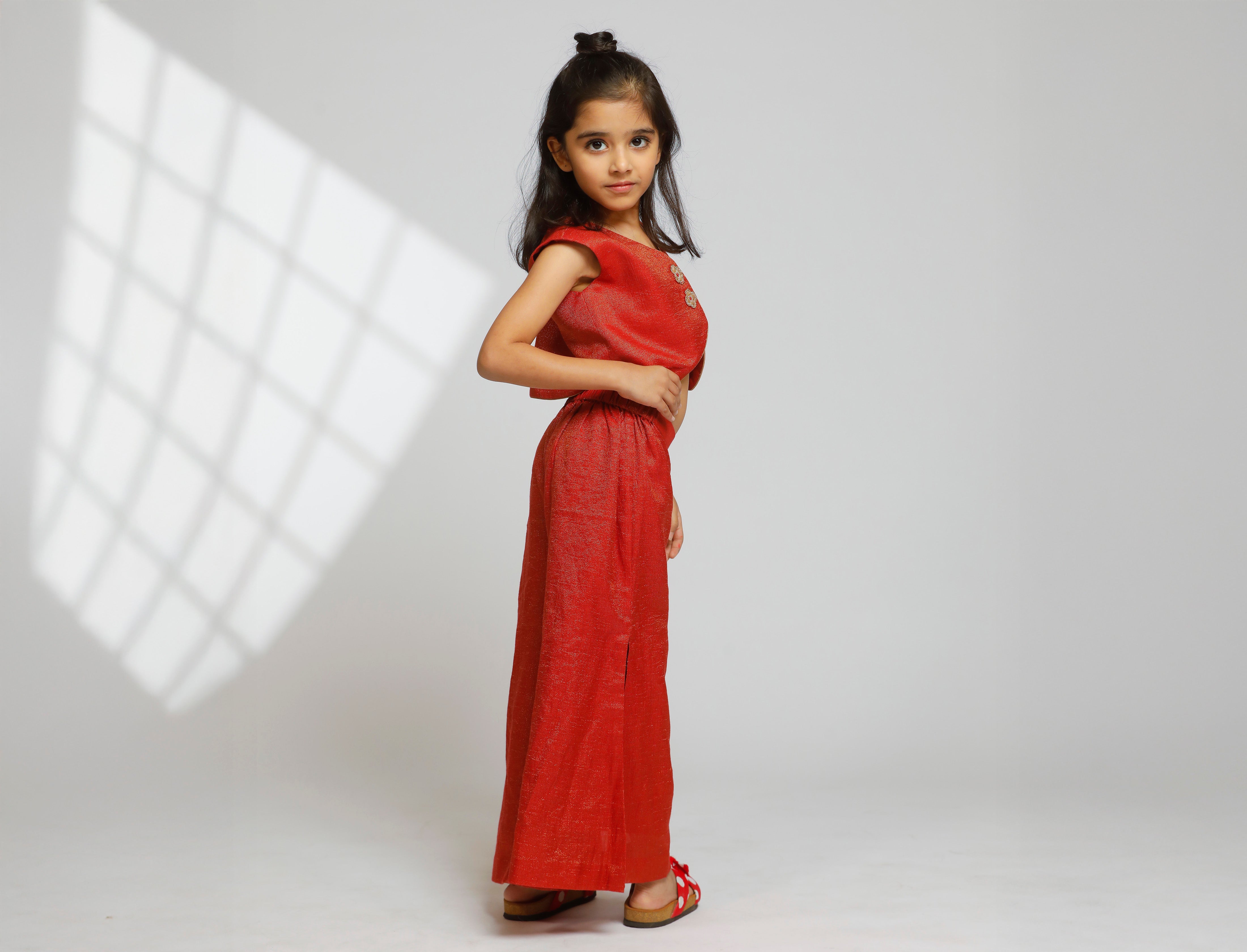 Girl Waist Coat With Side Slit Flared Pant - Red