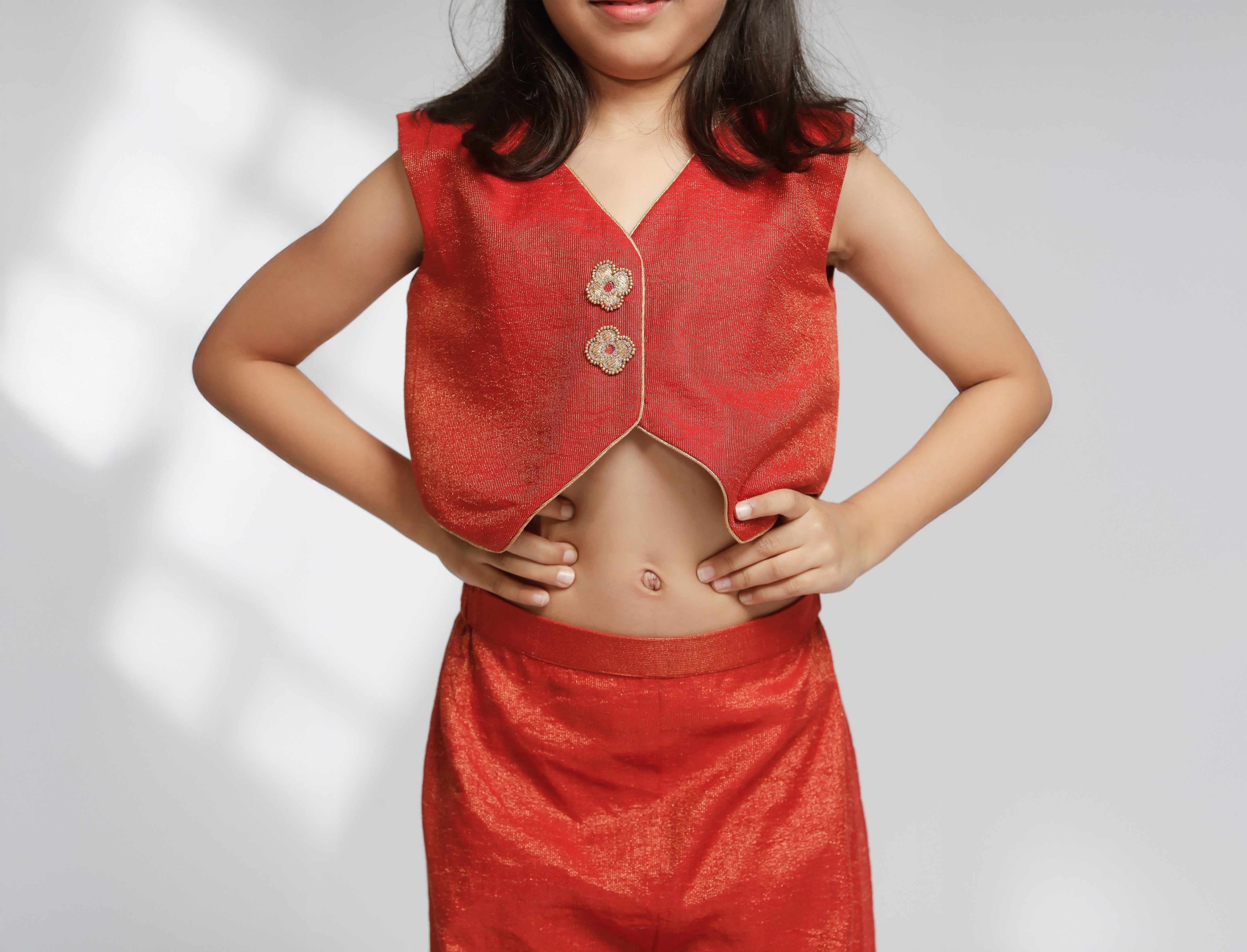 Girl Waist Coat With Side Slit Flared Pant - Red