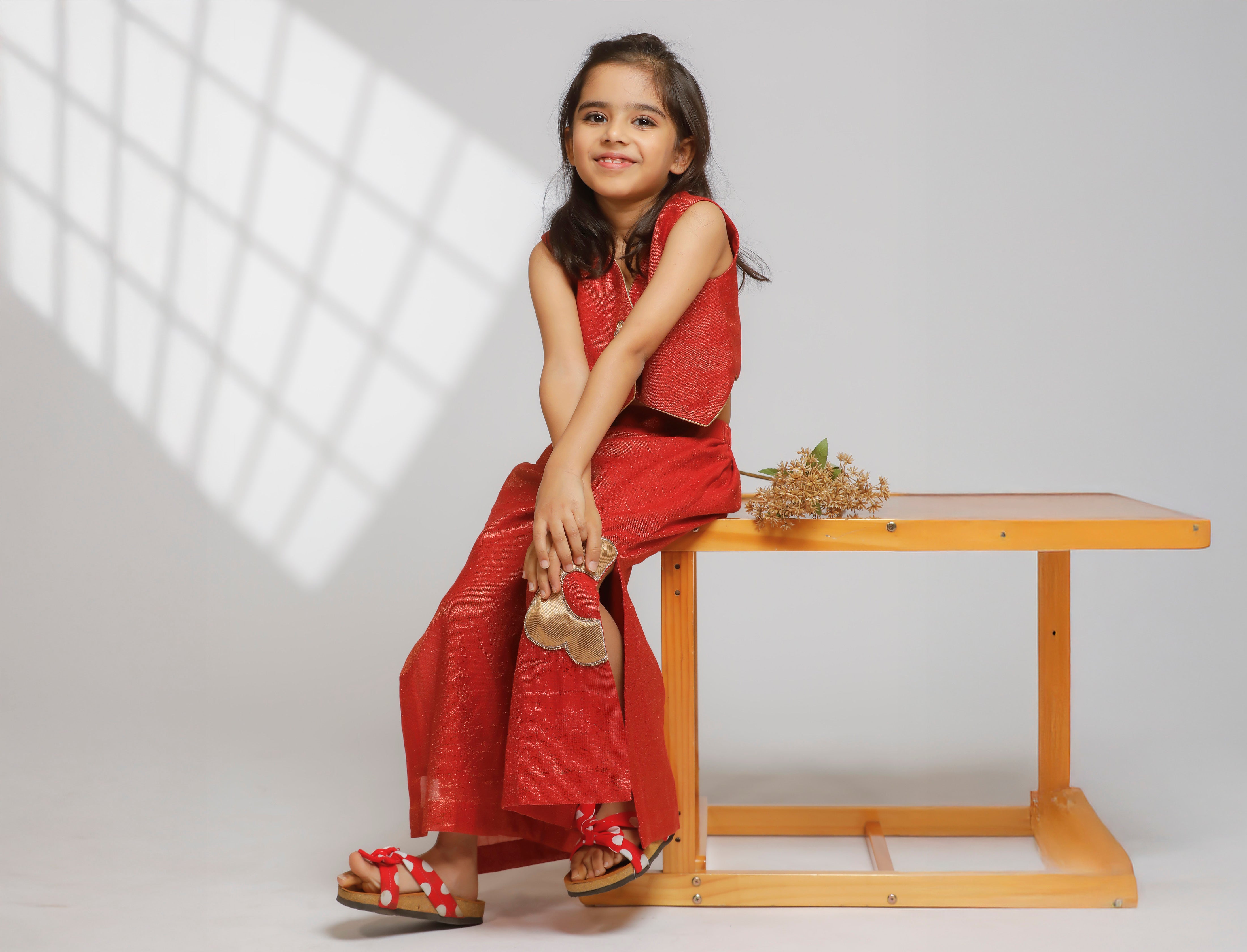 Girl Waist Coat With Side Slit Flared Pant - Red
