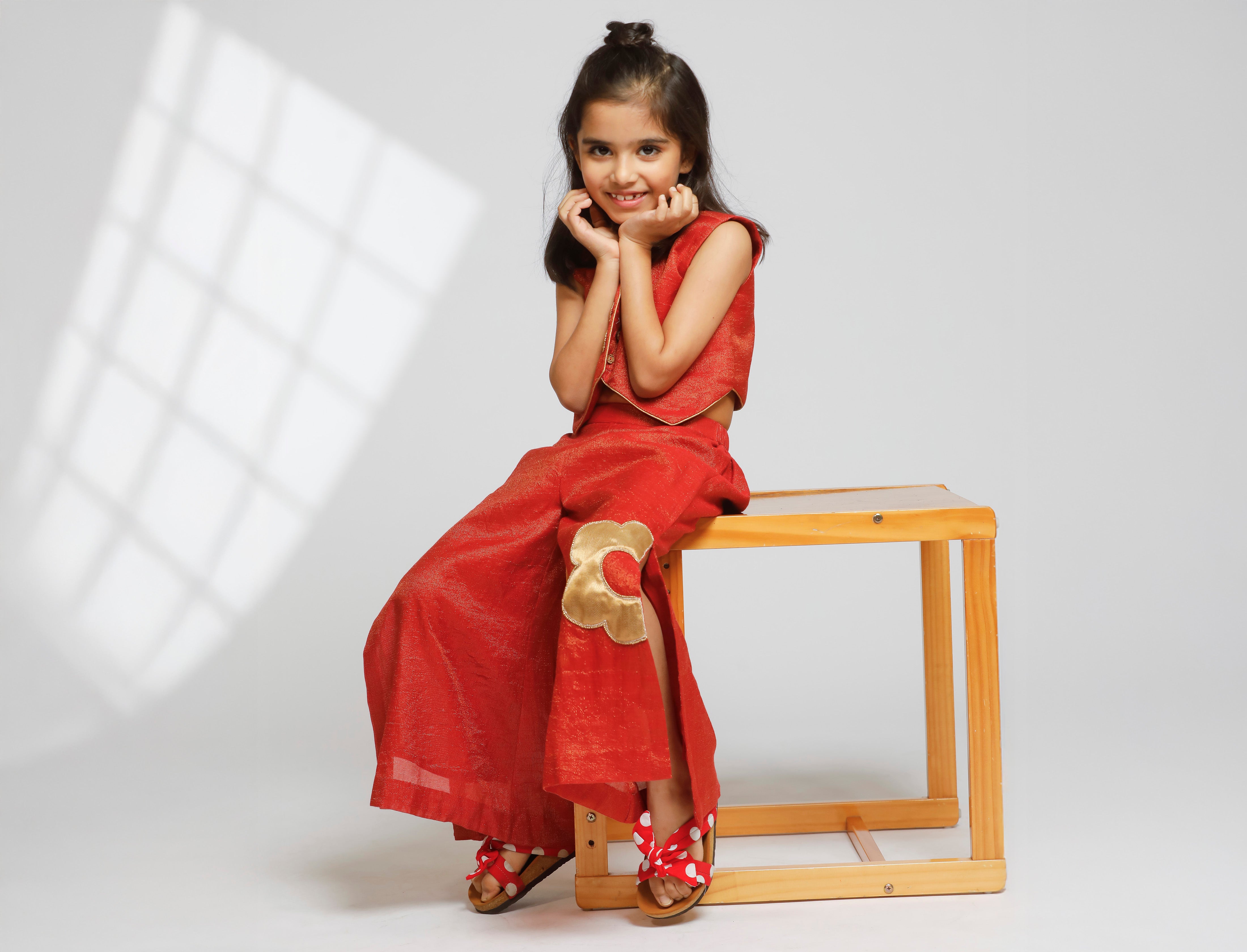 Girl Waist Coat With Side Slit Flared Pant - Red