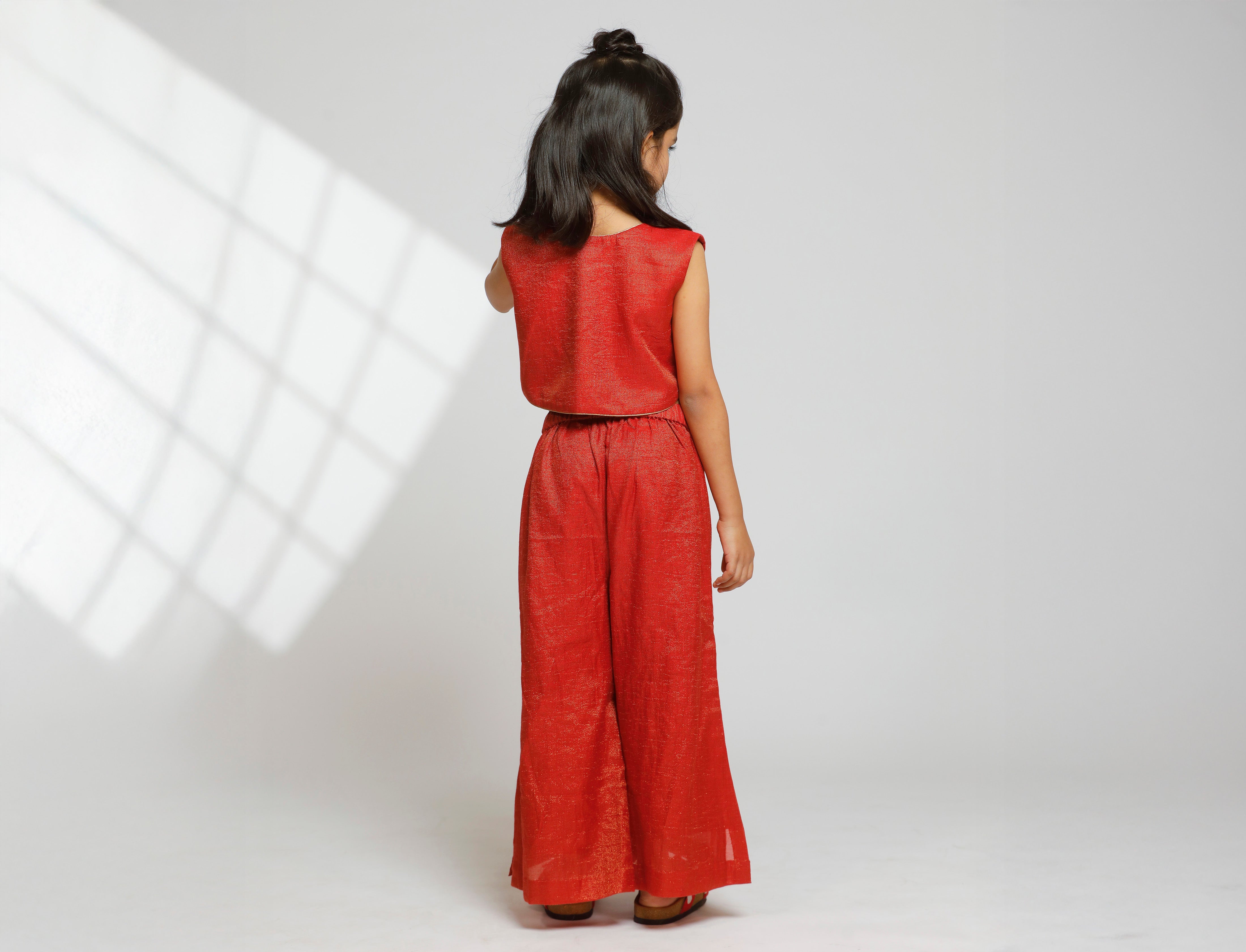 Girl Waist Coat With Side Slit Flared Pant - Red