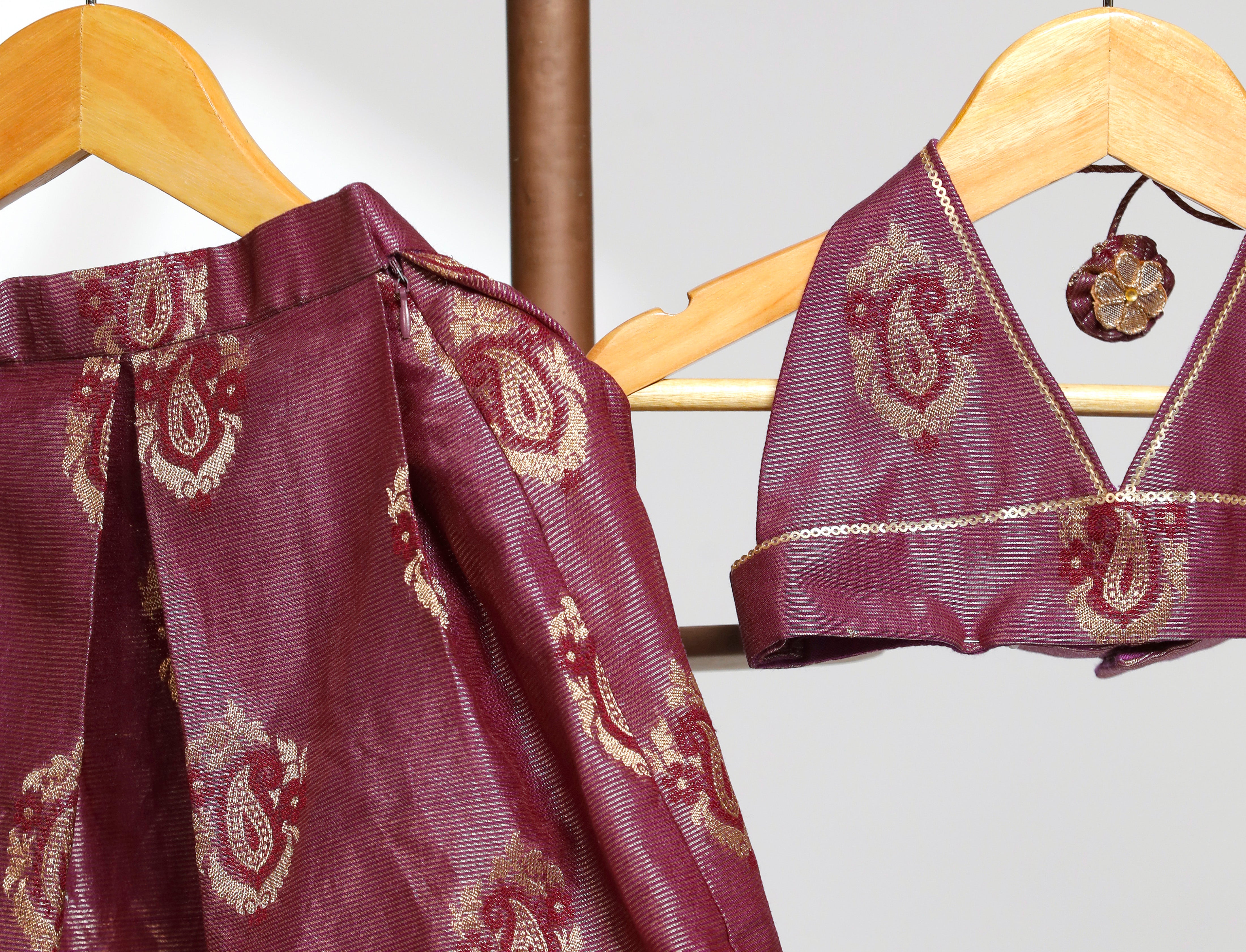 Girls Petal Backless Blouse with Box Pleat Lehenga - Purple
