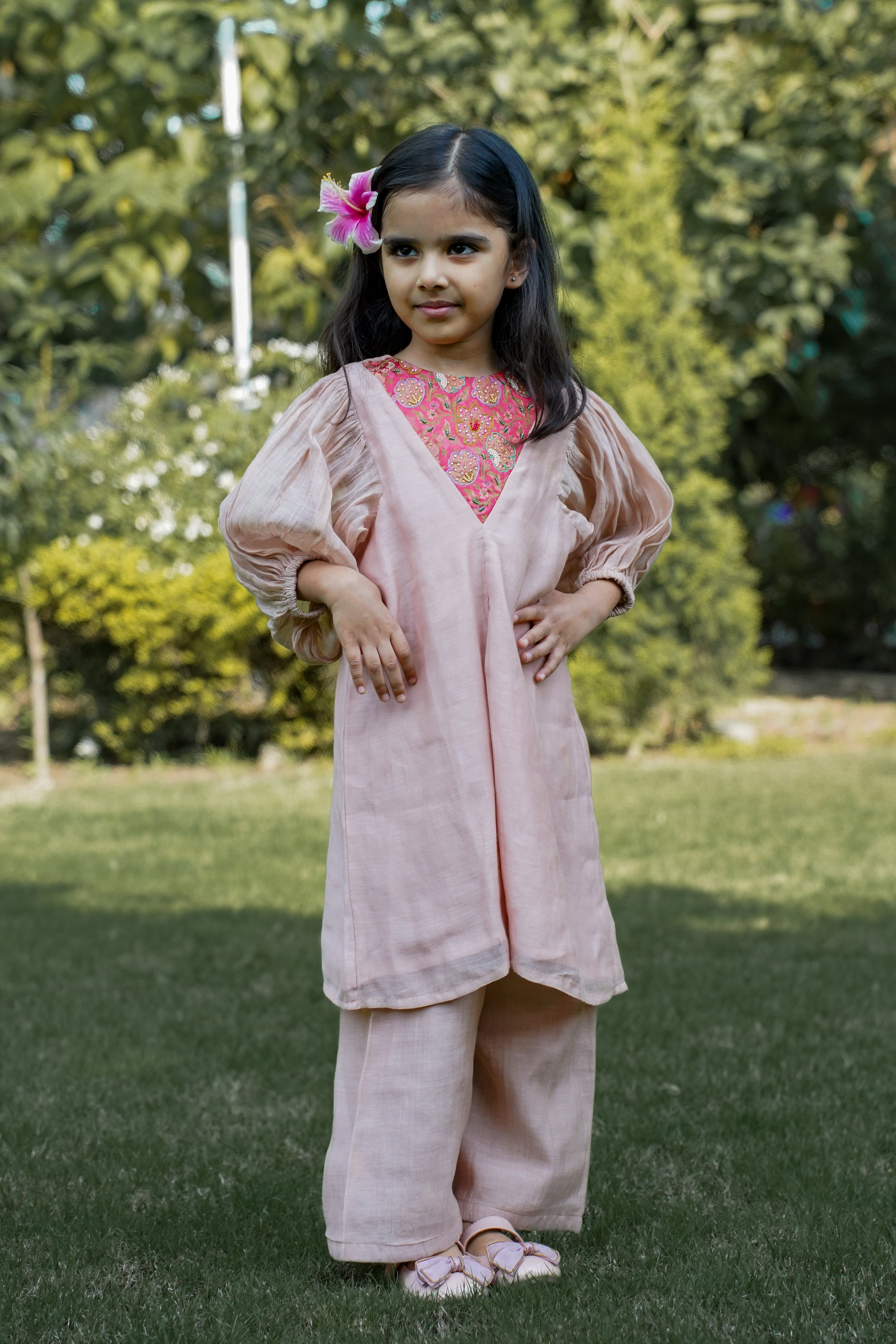 Pink V Neck Kurta Set