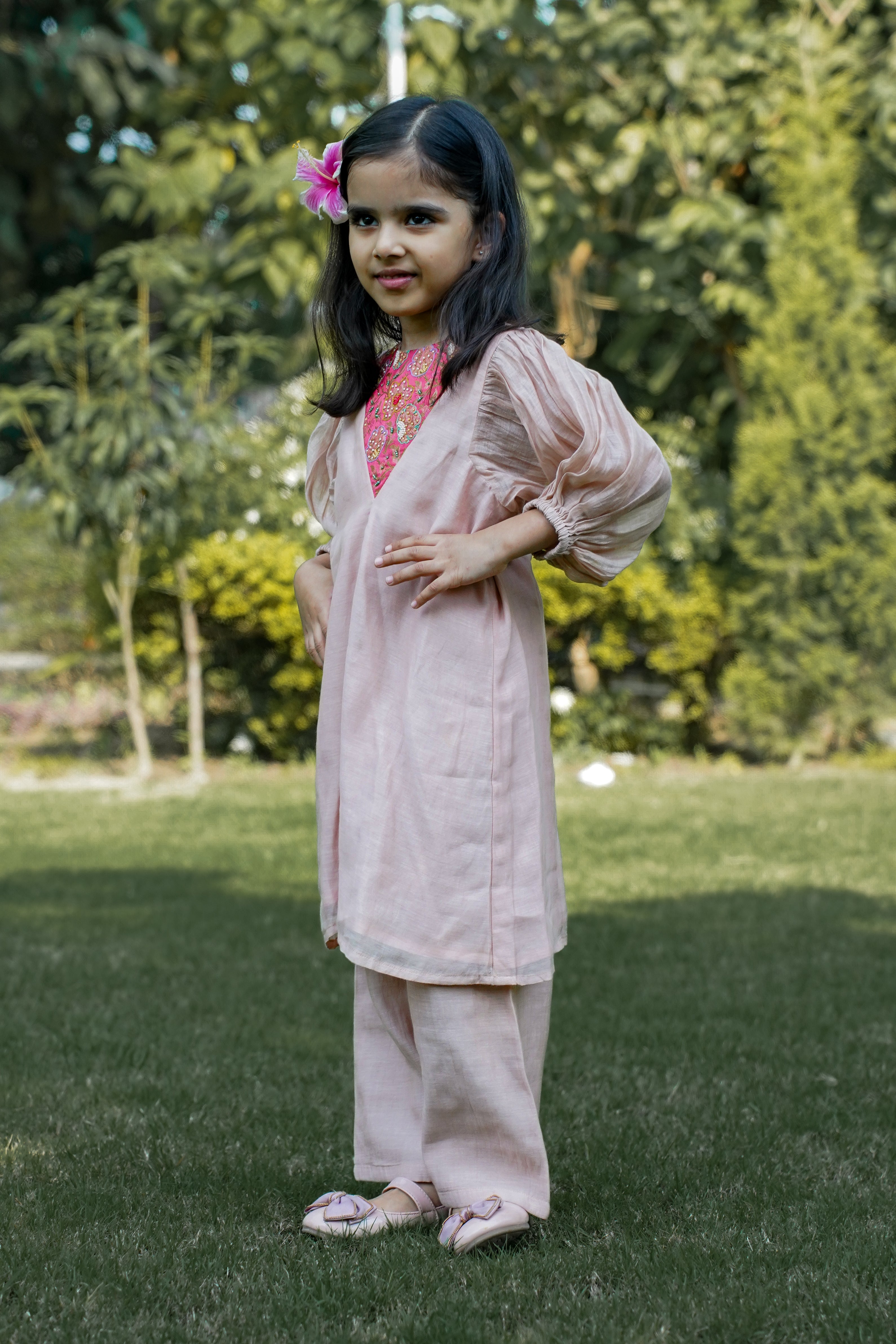 Pink V Neck Kurta Set