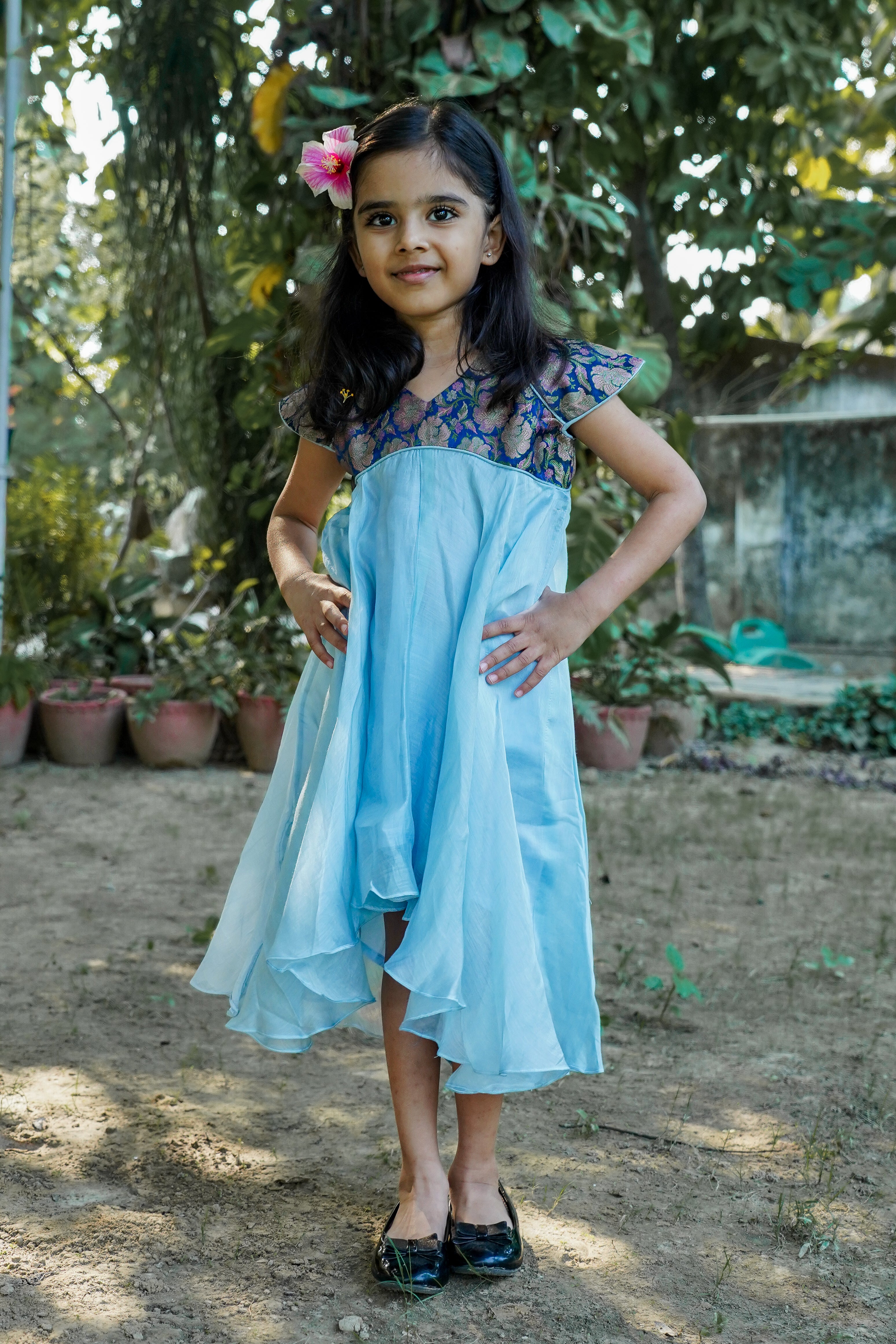 Blue Brocade Yolk Dress