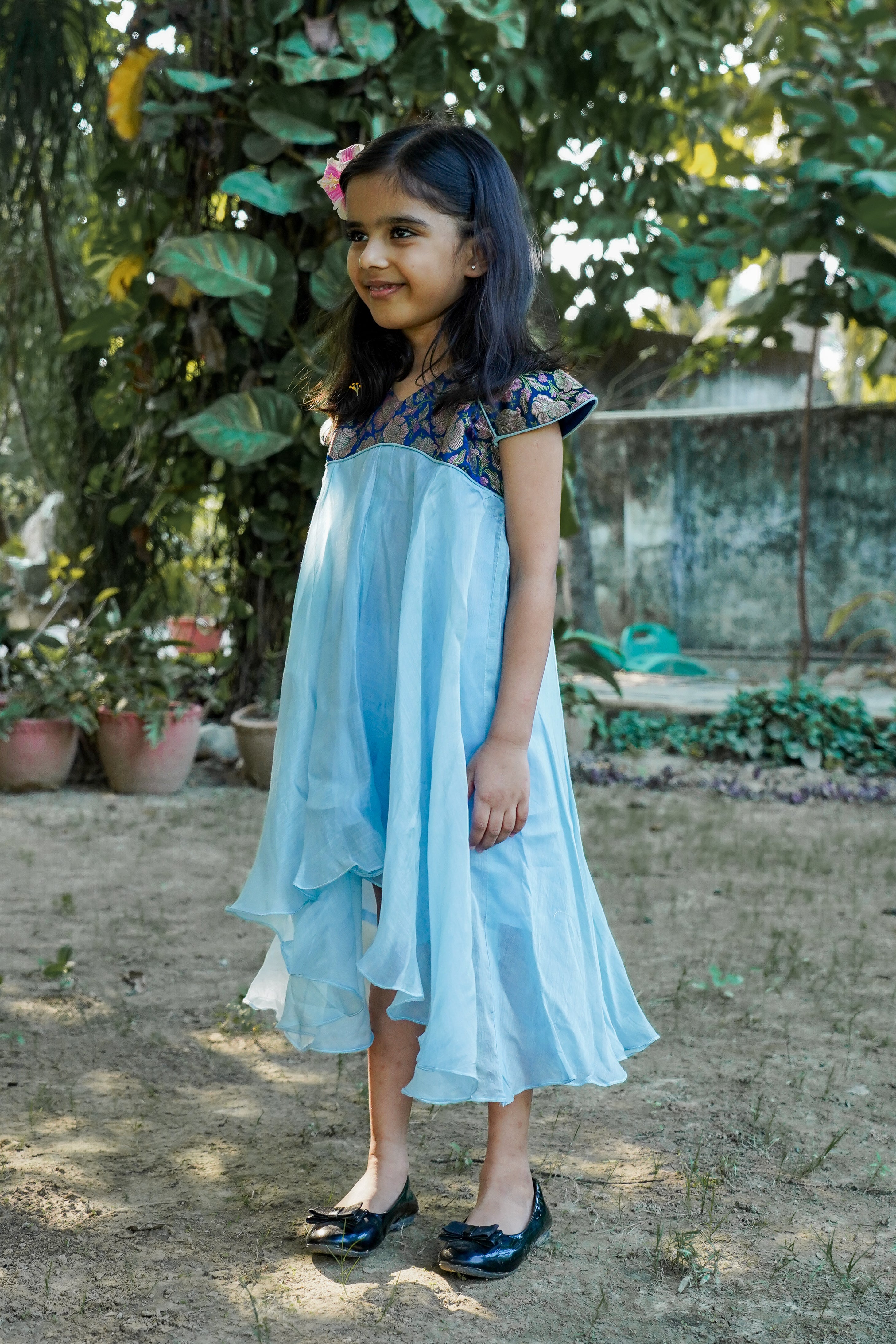 Blue Brocade Yolk Dress