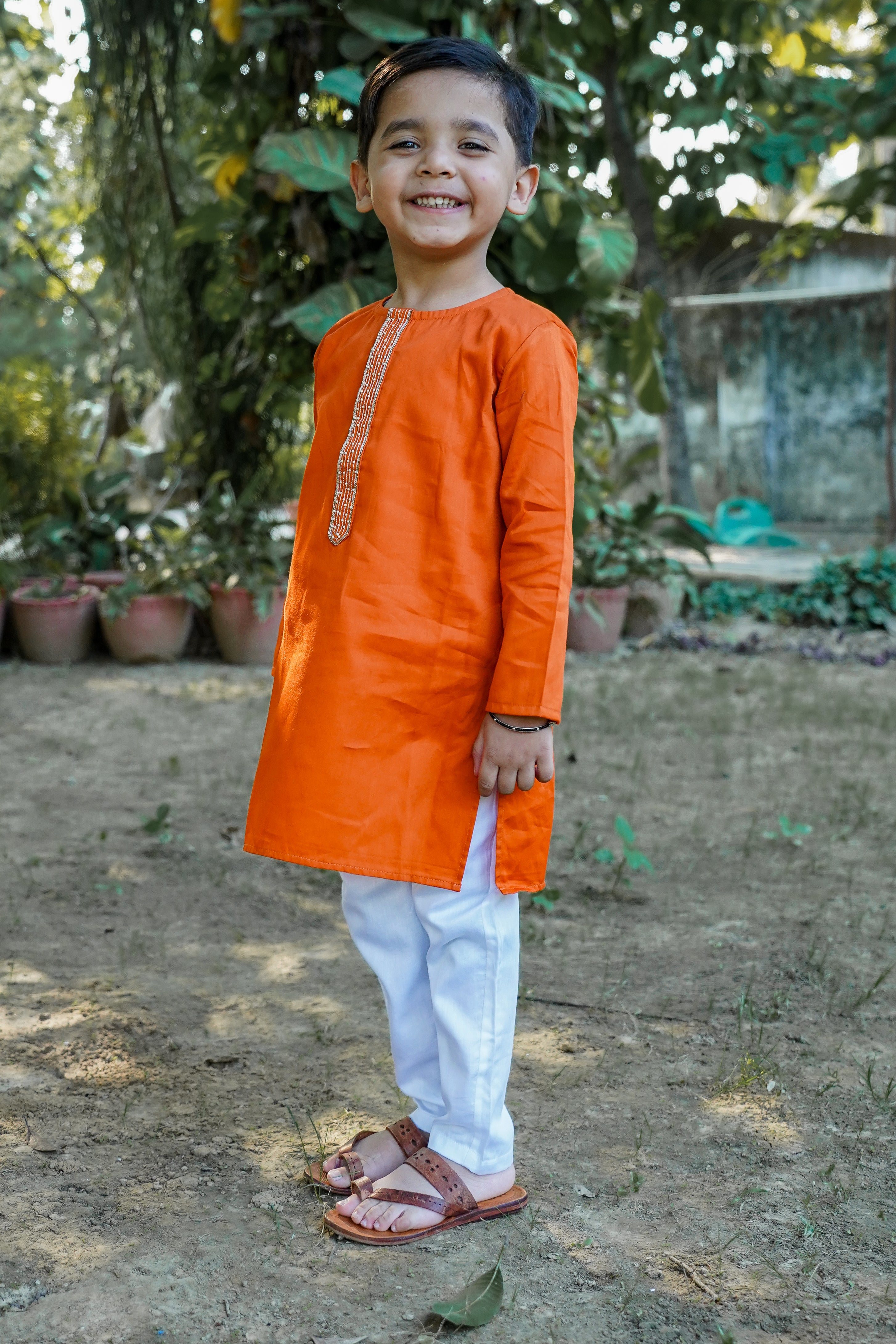 Embroidered Placket Kurta Orange Set