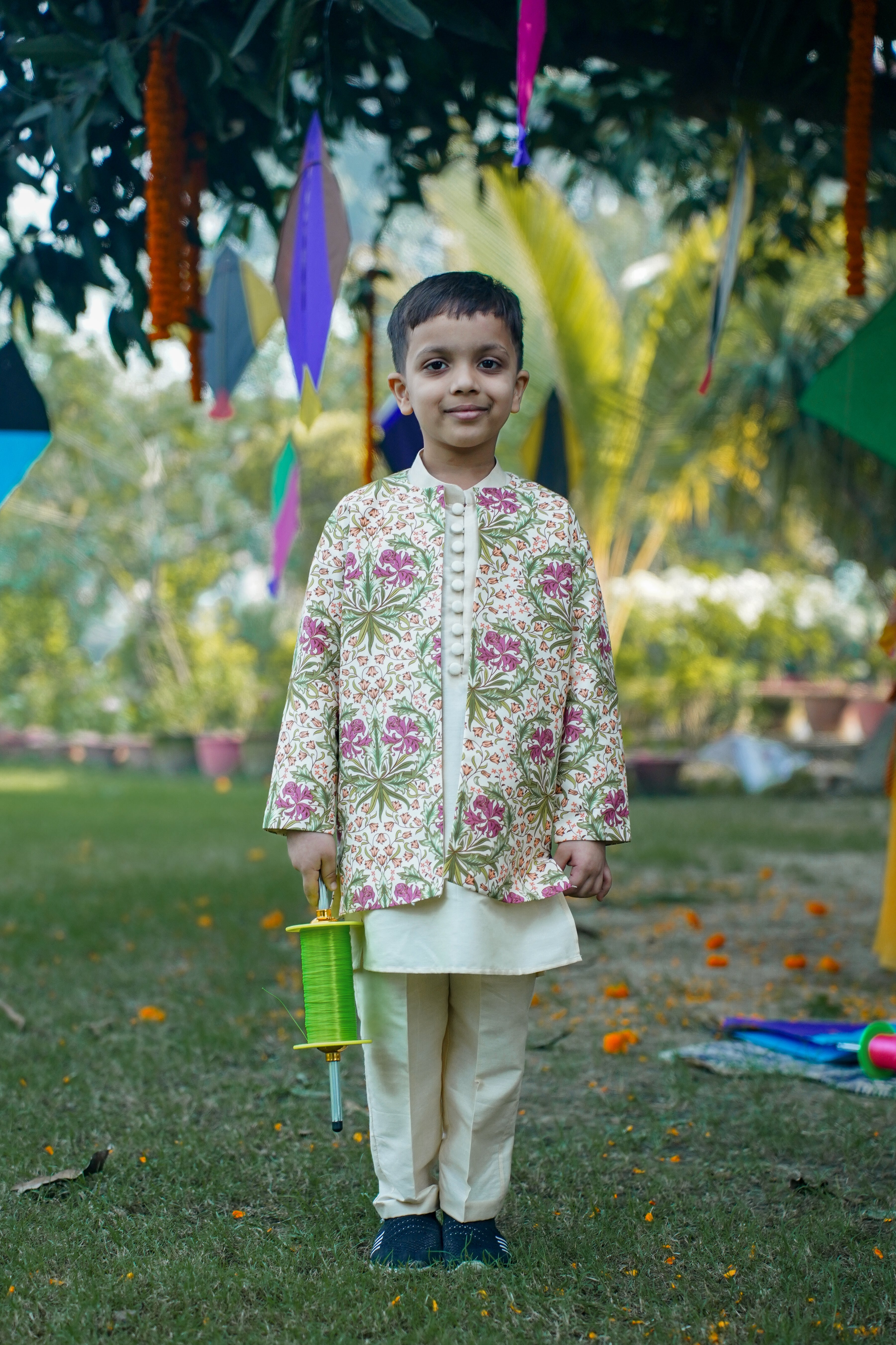 Printed Long Jacket Kurta Pant Set for Boys - Cream
