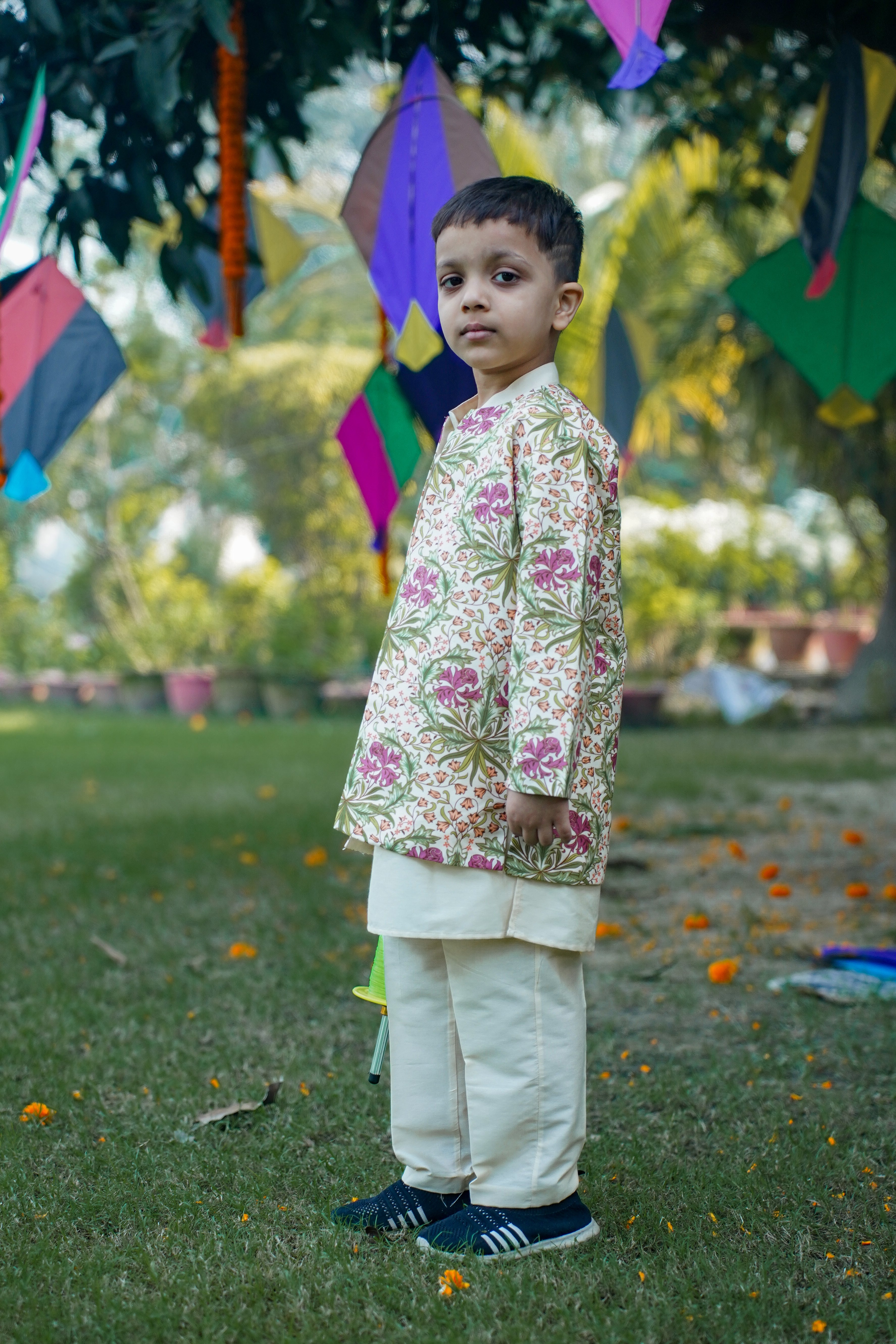 Printed Long Jacket Kurta Pant Set for Boys - Cream