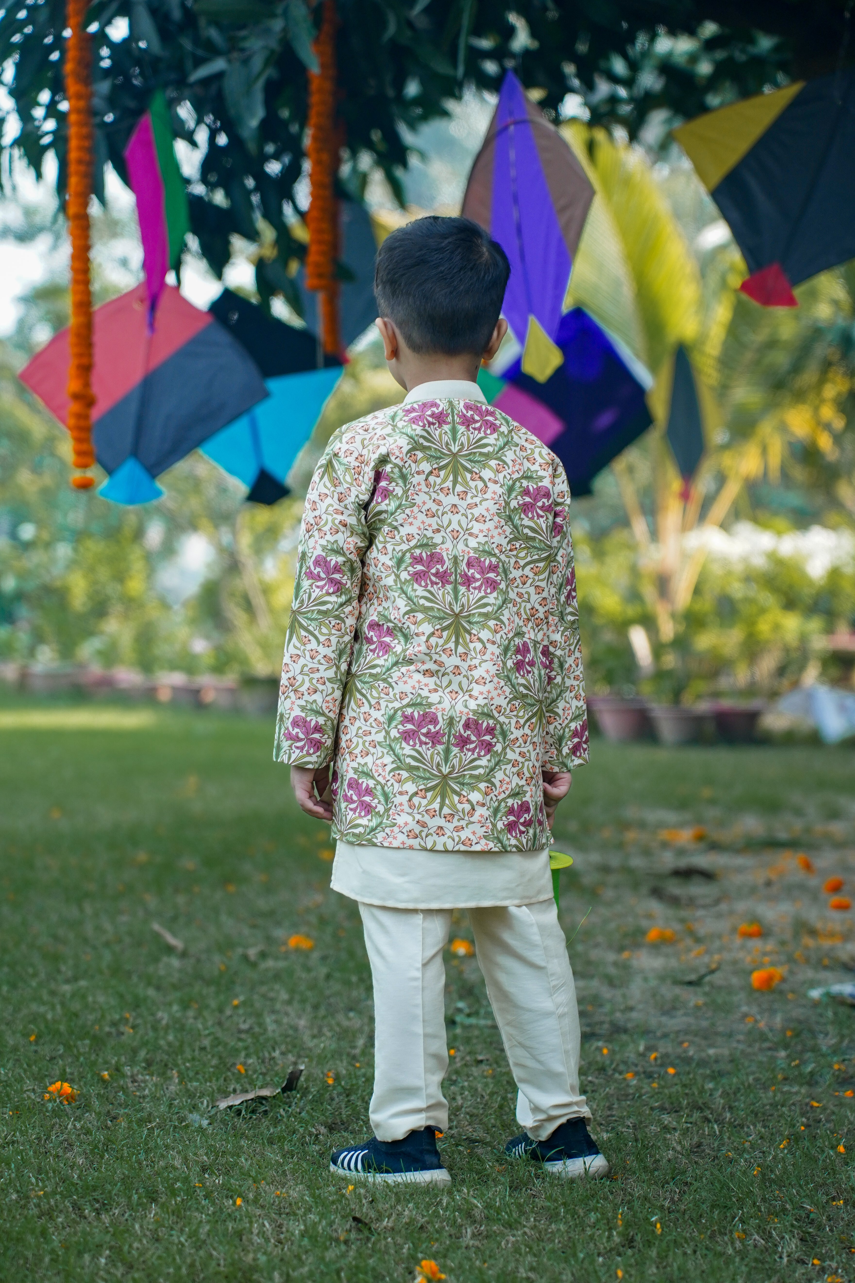 Printed Long Jacket Kurta Pant Set for Boys - Cream