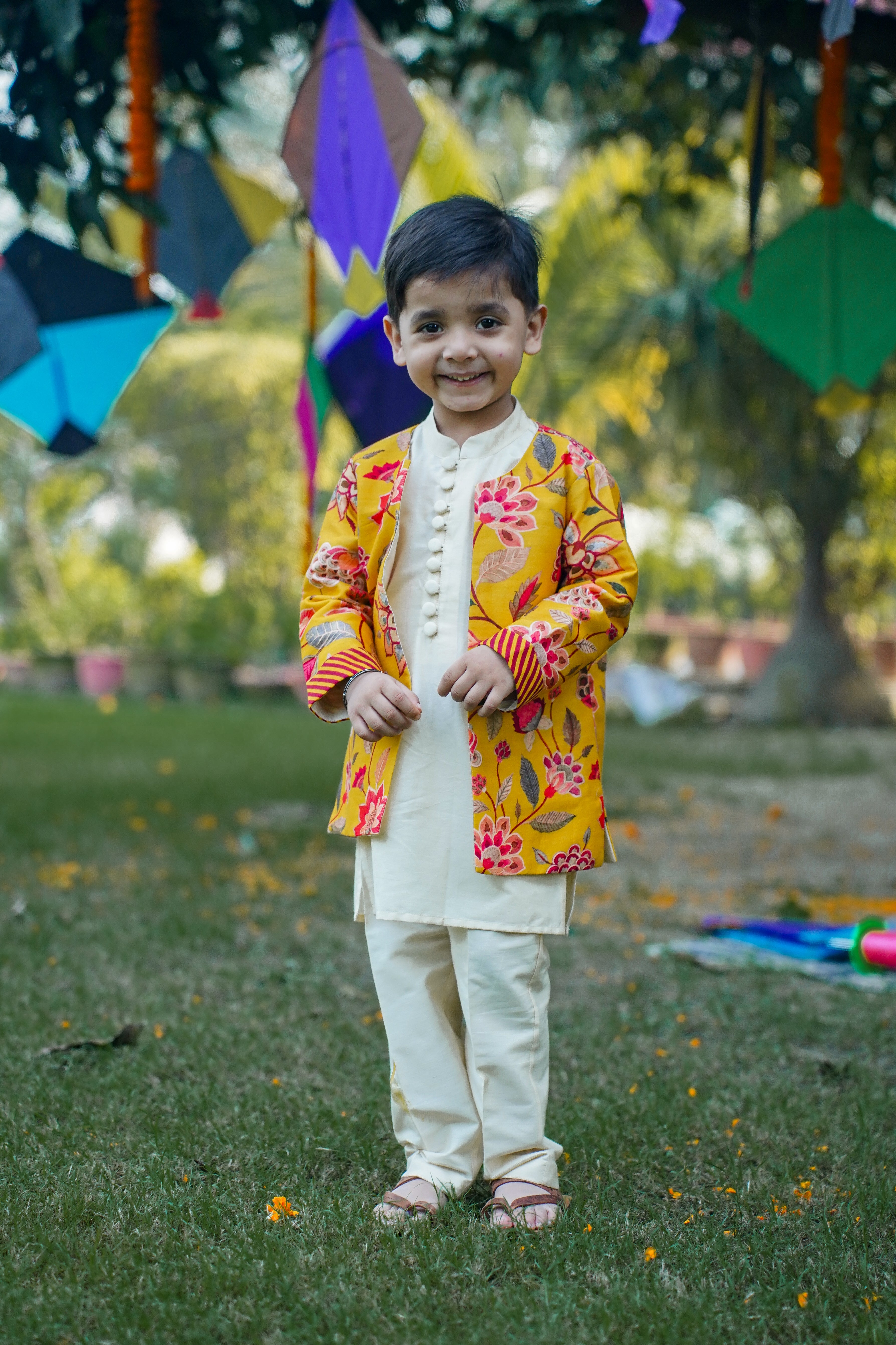 Printed Long Jacket Kurta Pant Set for Boys - Yellow