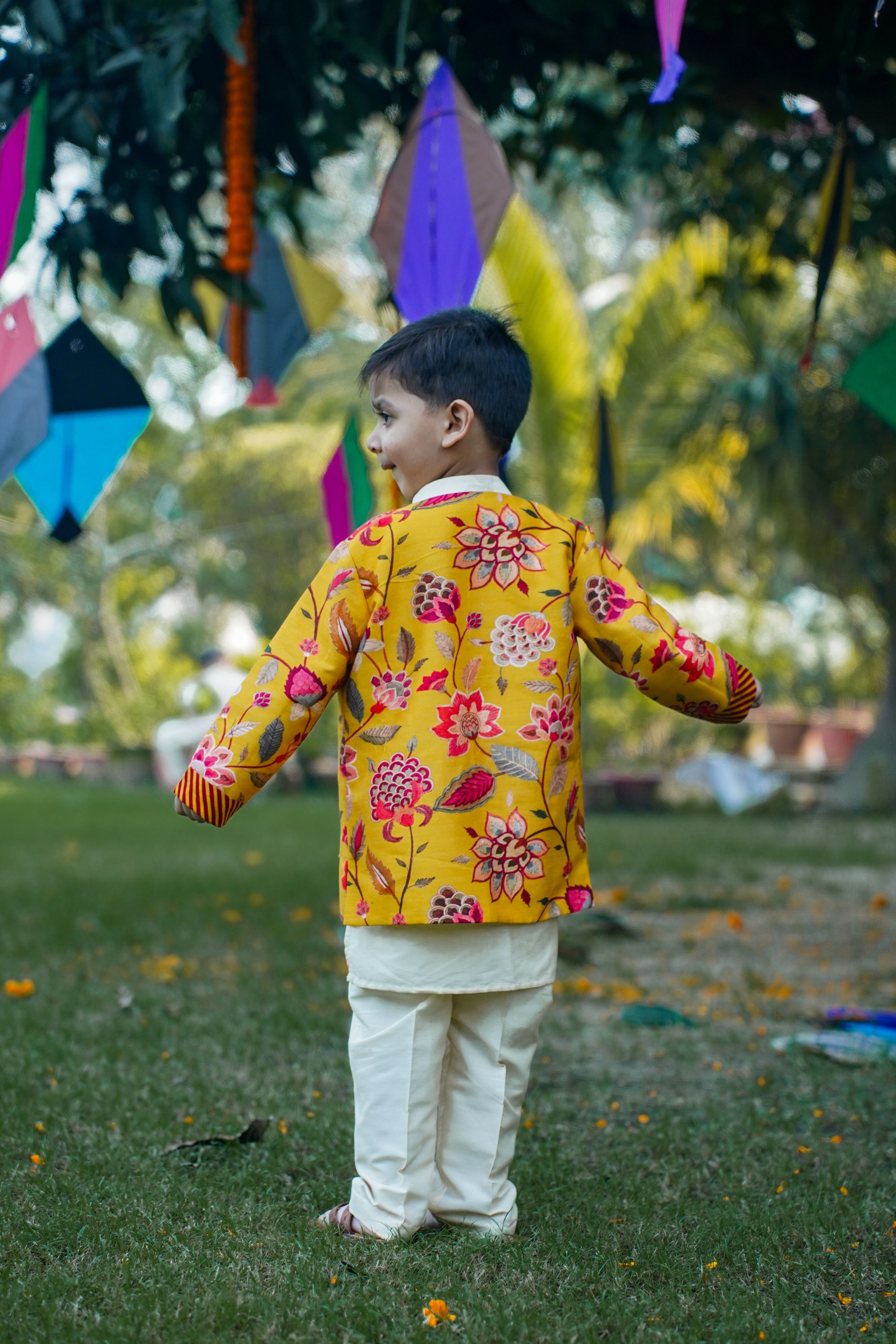 Printed Long Jacket Kurta Pant Set for Boys - Yellow