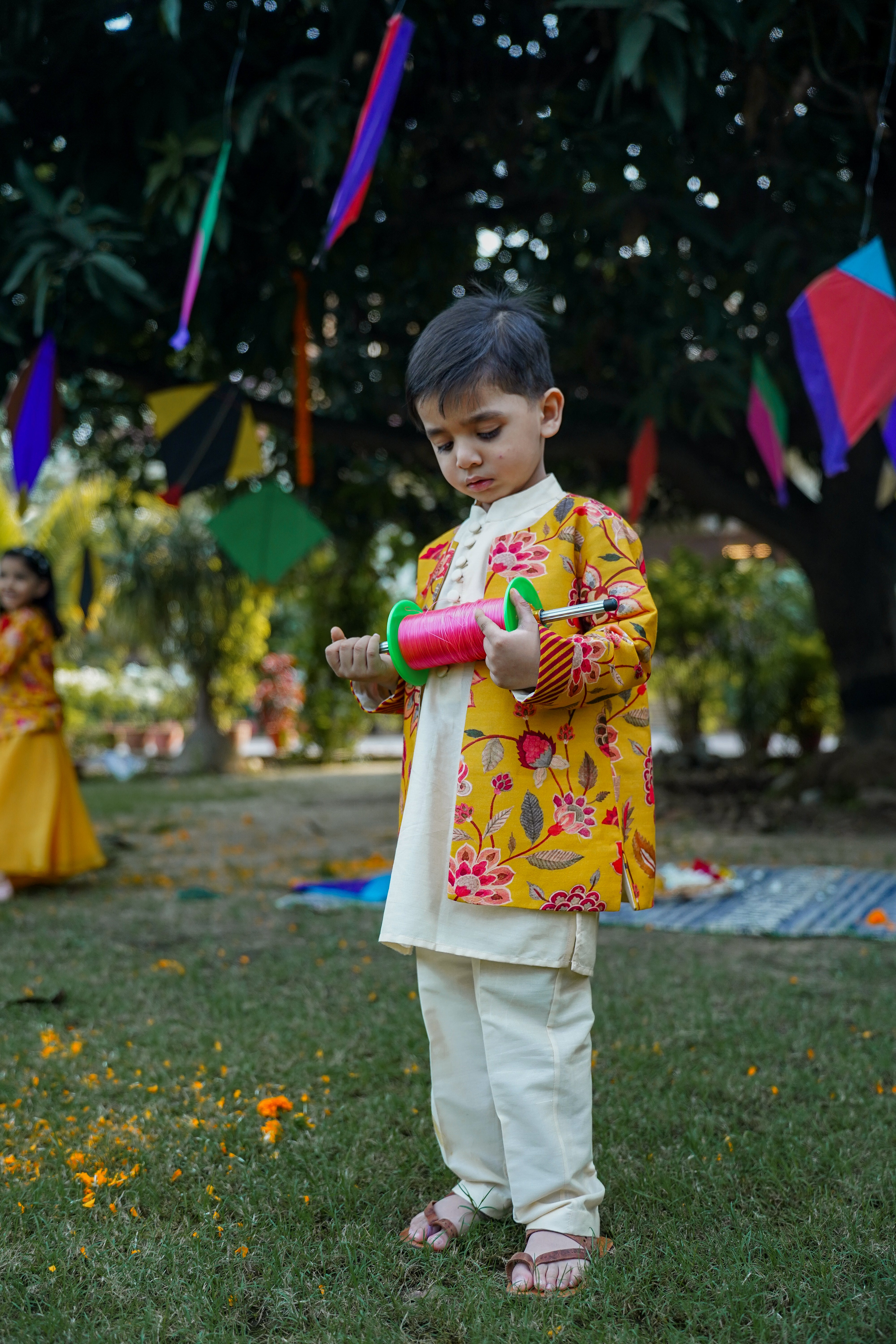 Printed Long Jacket Kurta Pant Set for Boys - Yellow