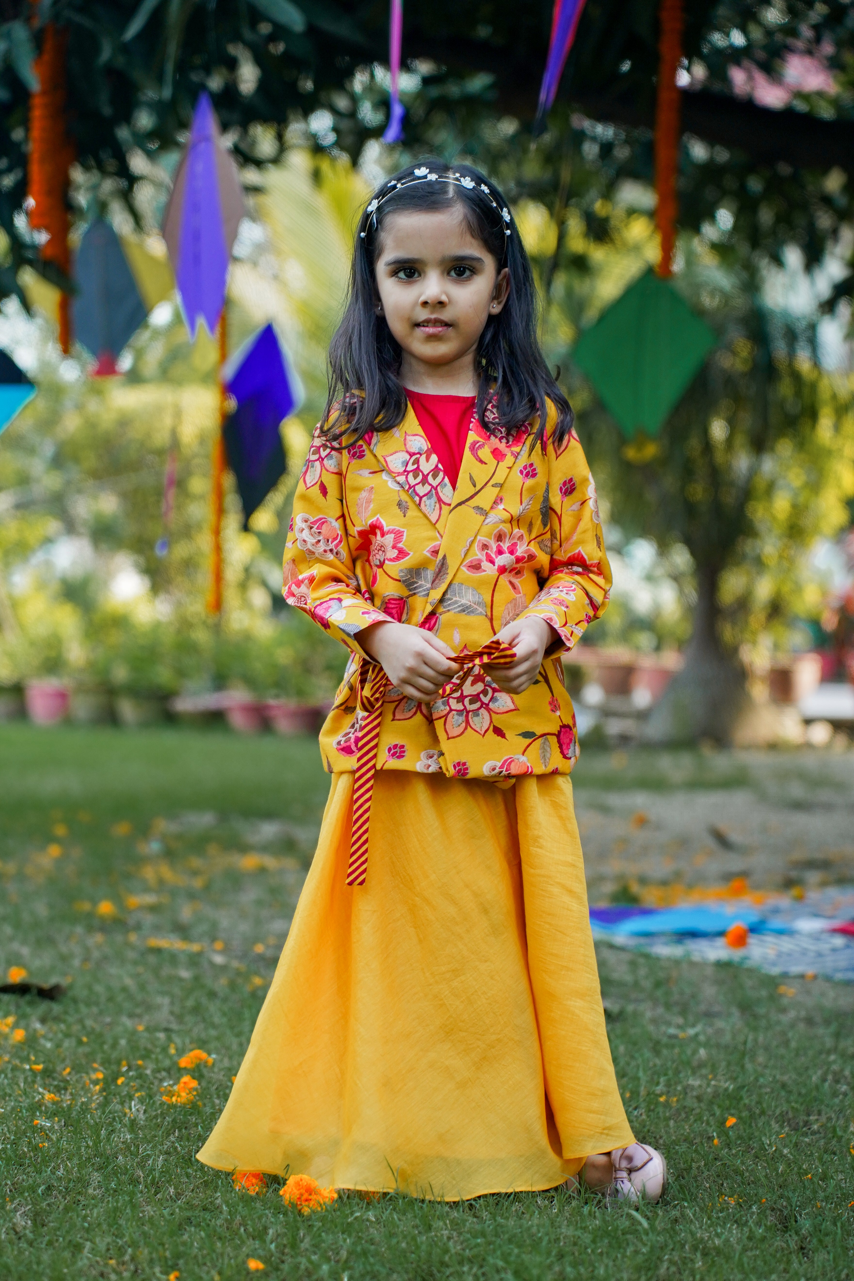 Printed Side Knot Jacket with Palazzo and Inner for Girls - Yellow
