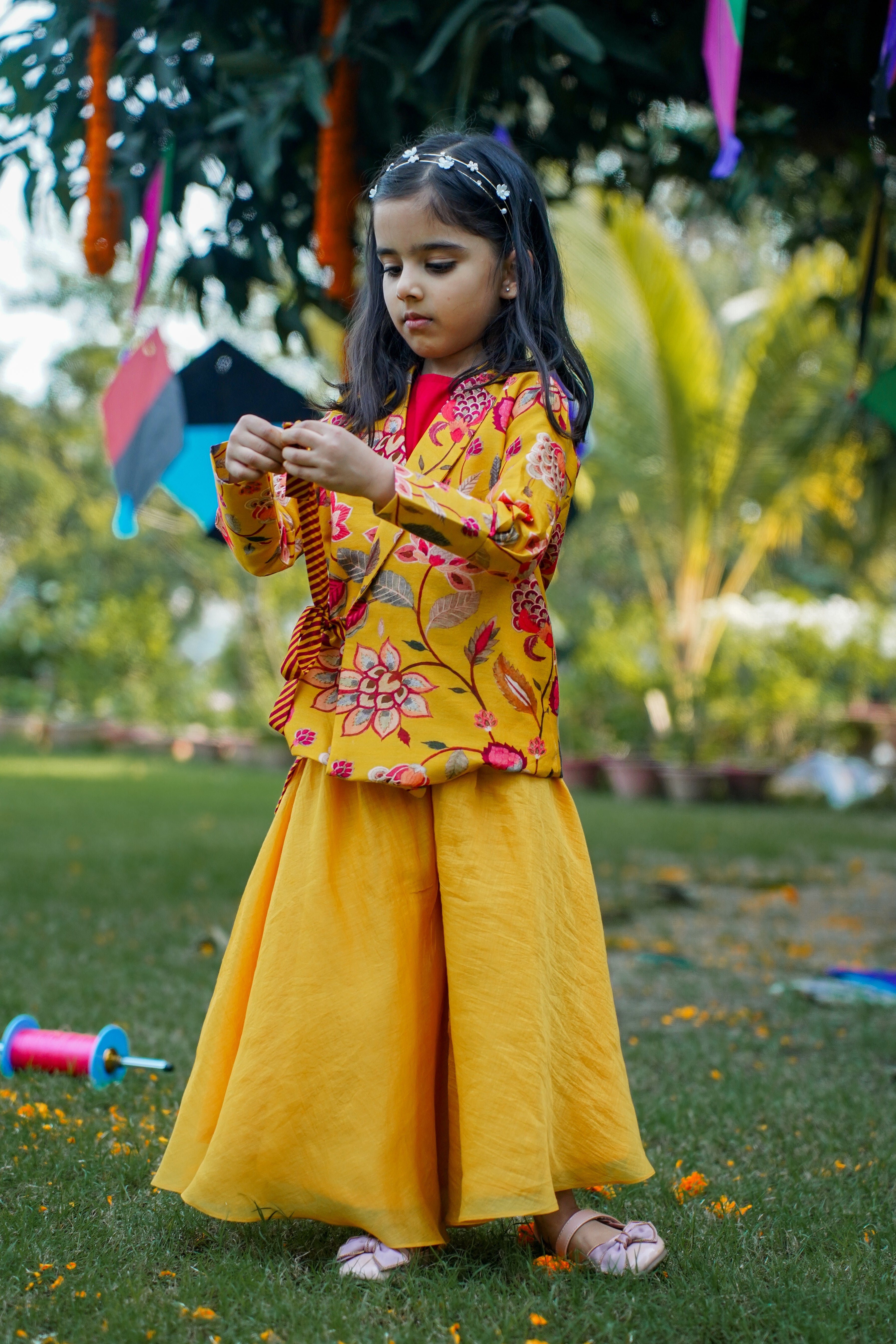 Printed Side Knot Jacket with Palazzo and Inner for Girls - Yellow