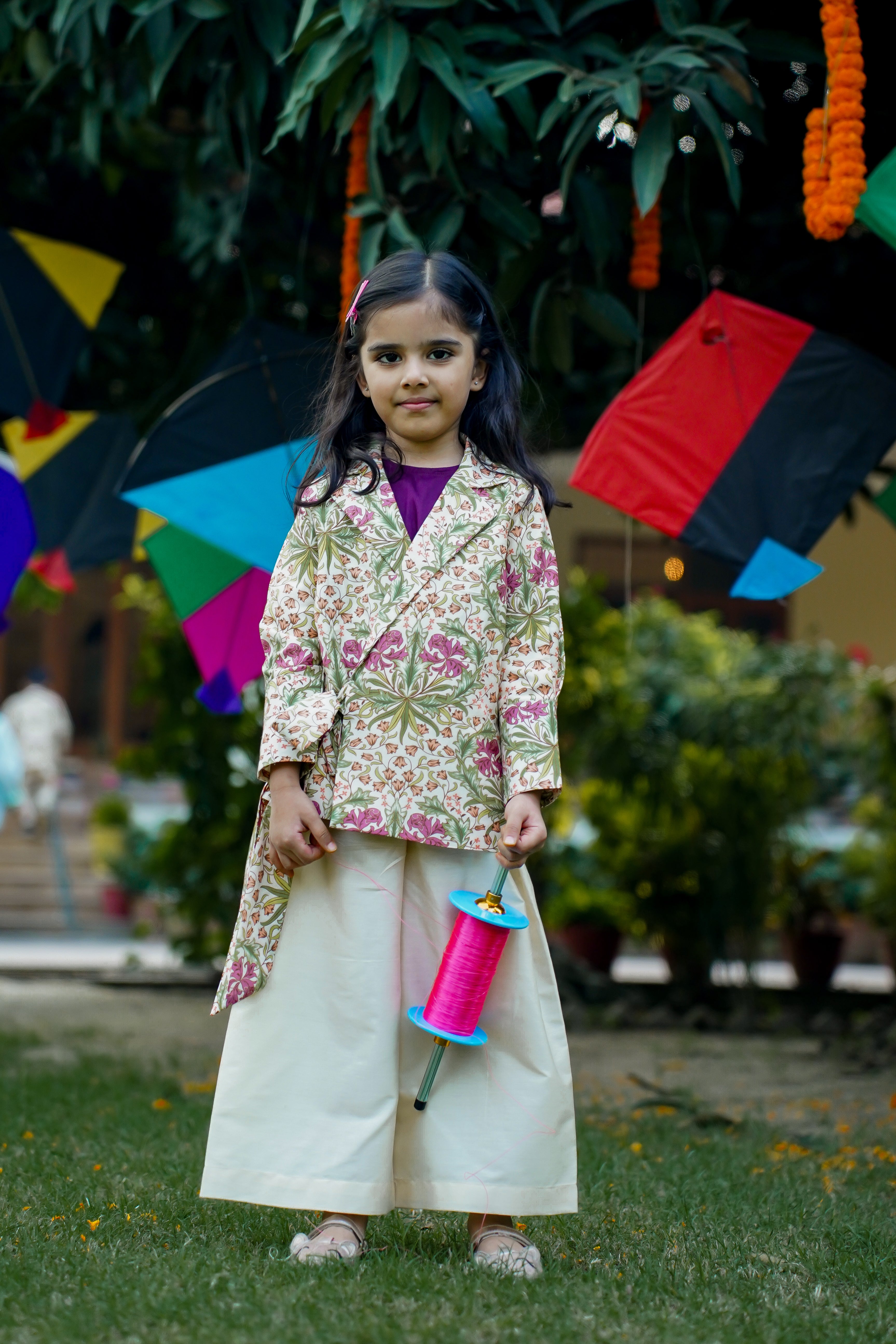 Printed Side Knot Jacket with Palazzo and Inner for Girls -  Cream