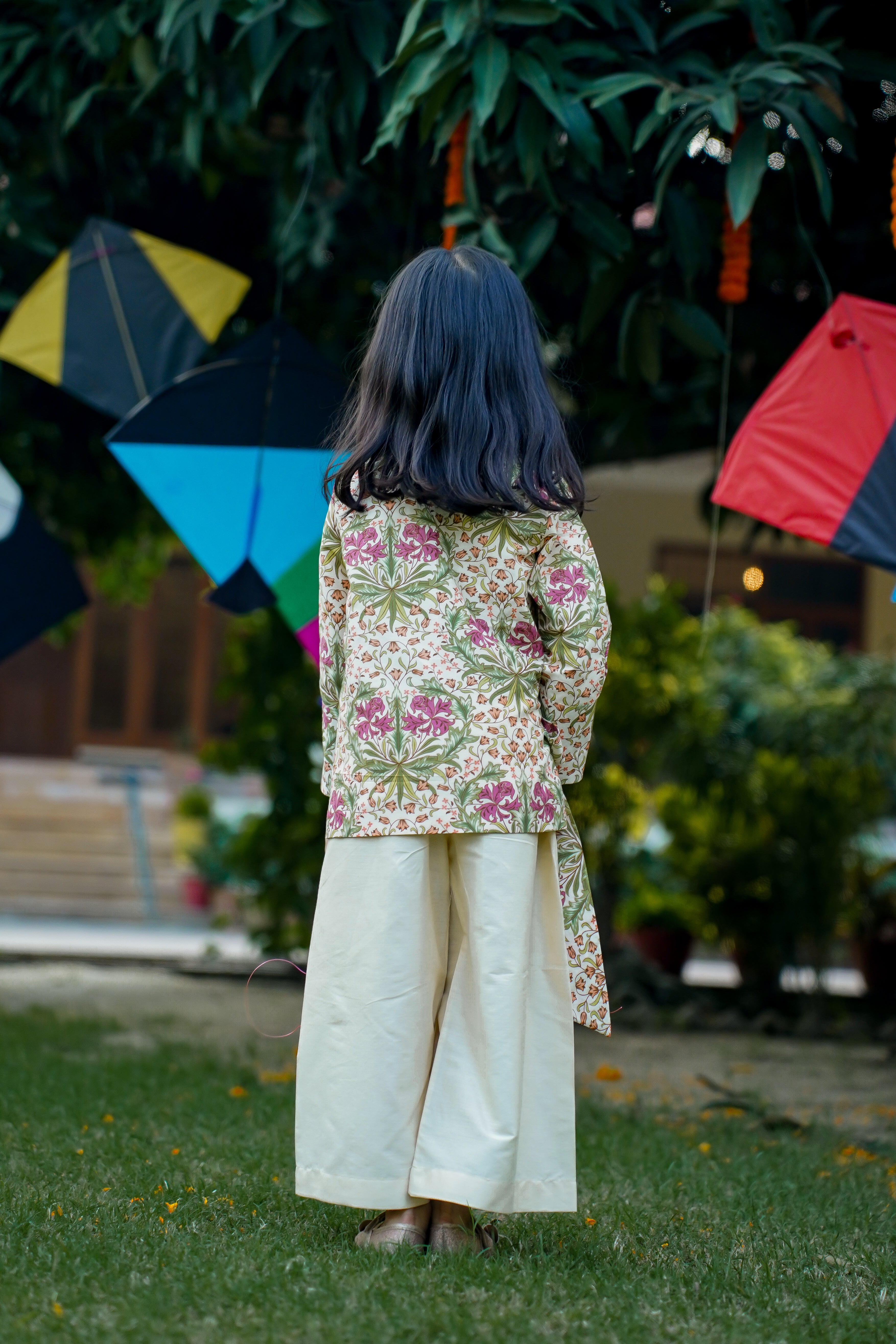 Printed Side Knot Jacket with Palazzo and Inner for Girls -  Cream