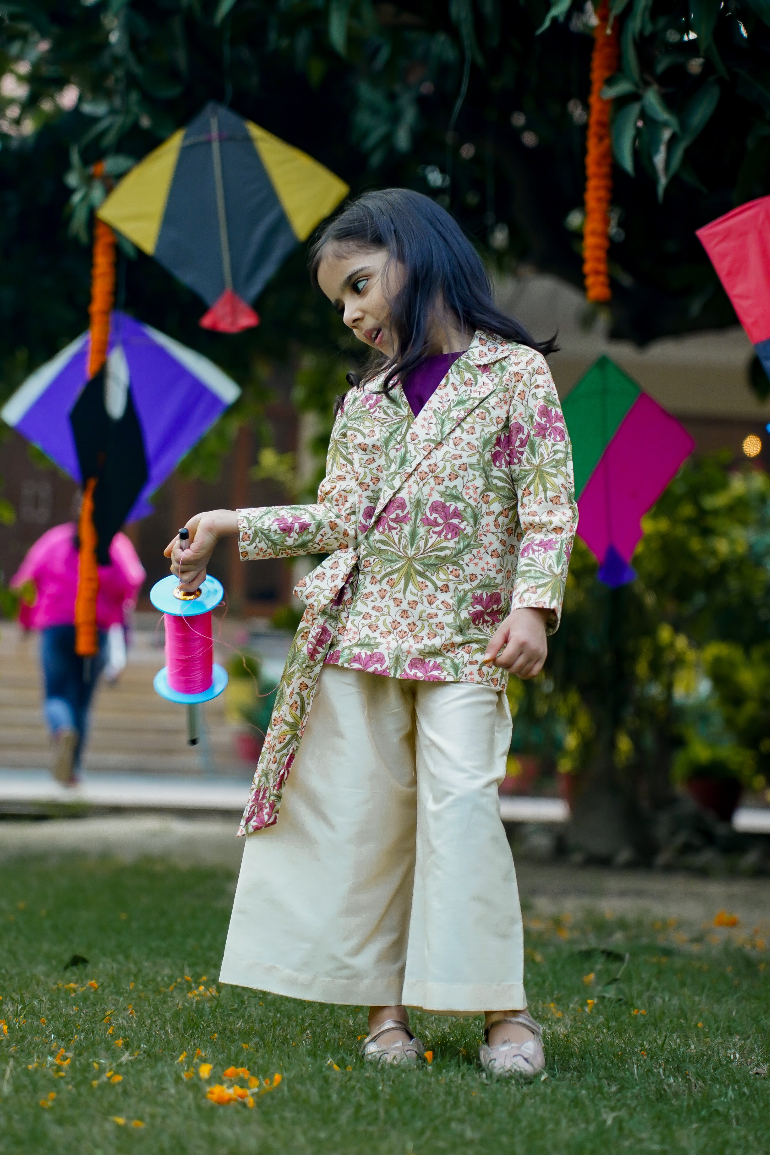 Printed Side Knot Jacket with Palazzo and Inner for Girls -  Cream