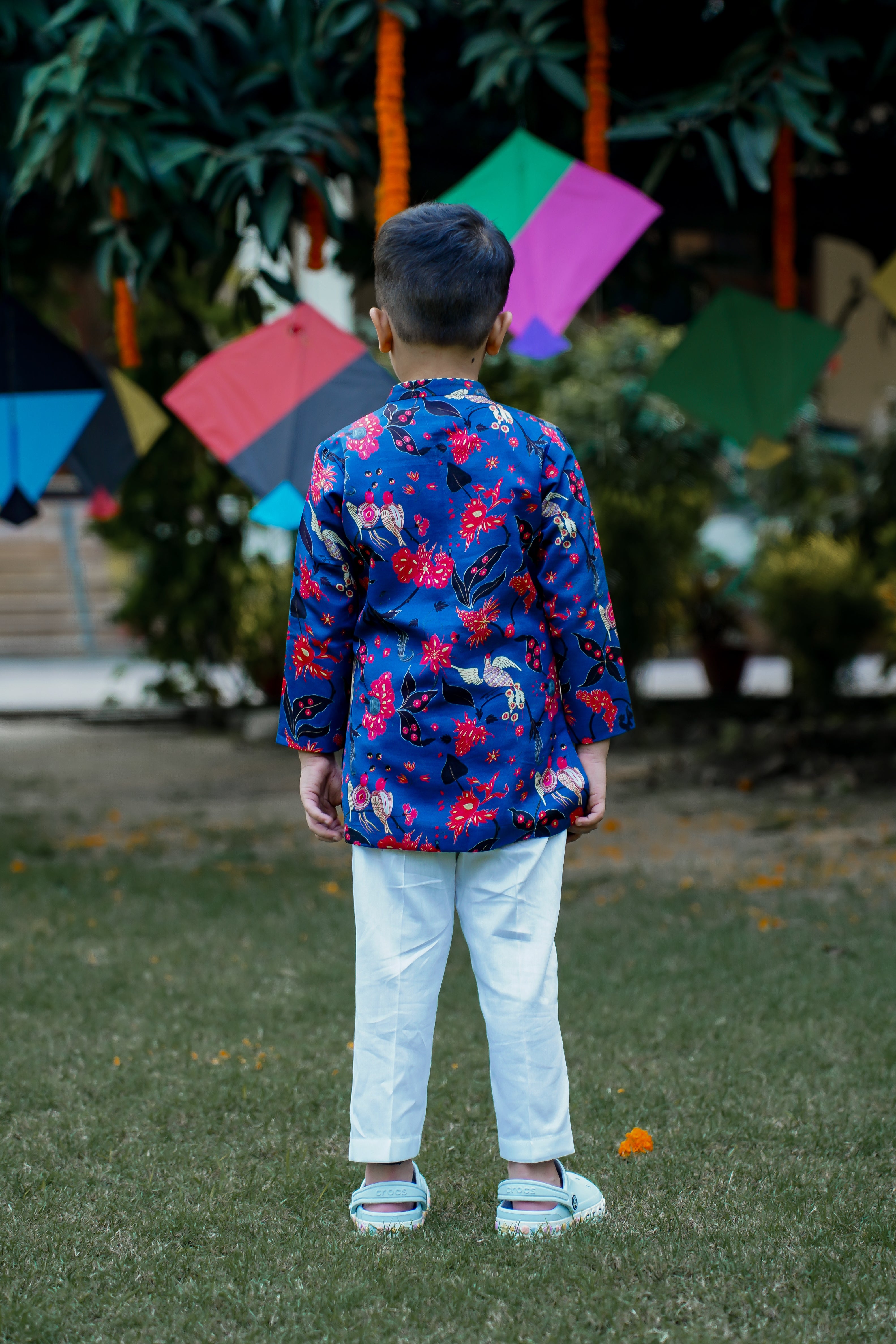 Printed Sherwani pant set for Boys-Blue