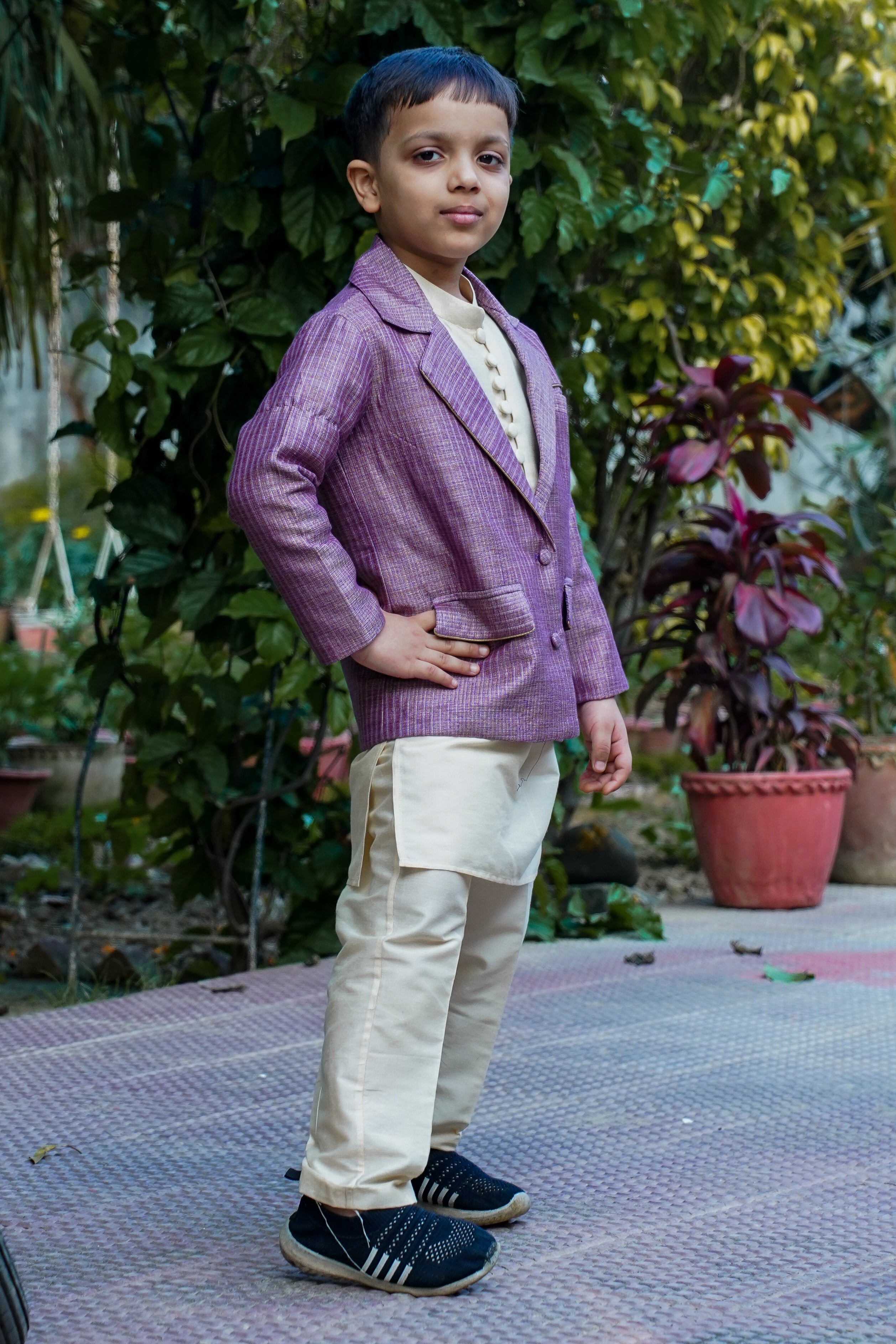 Purple Majesty: Unisex Retro-Style Kurta Pajama & Coat Set