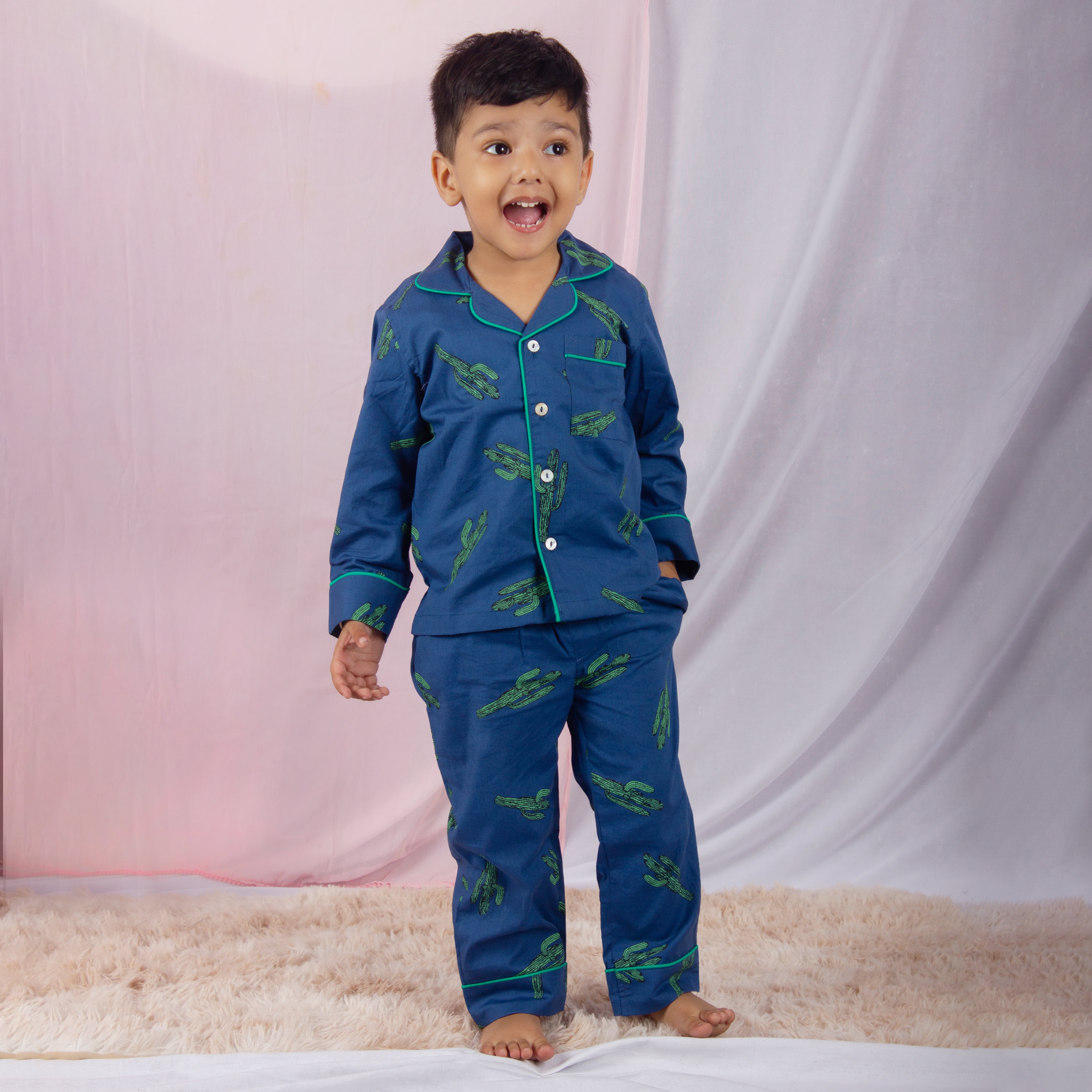 Snuggleme Unisex Cactus Print Full Sleeve Cotton Nightsuit-Blue