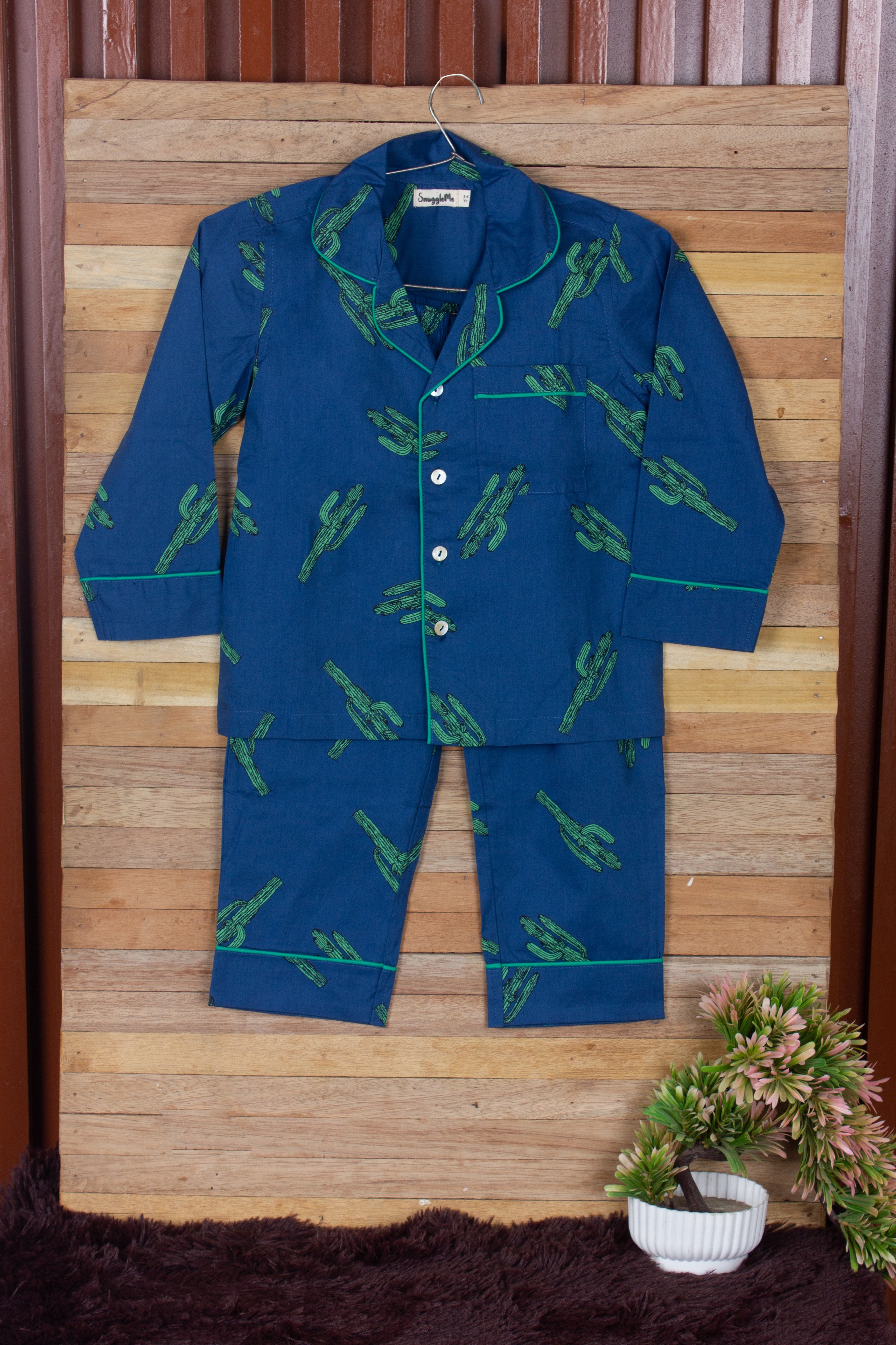 Snuggleme Unisex Cactus Print Full Sleeve Cotton Nightsuit-Blue