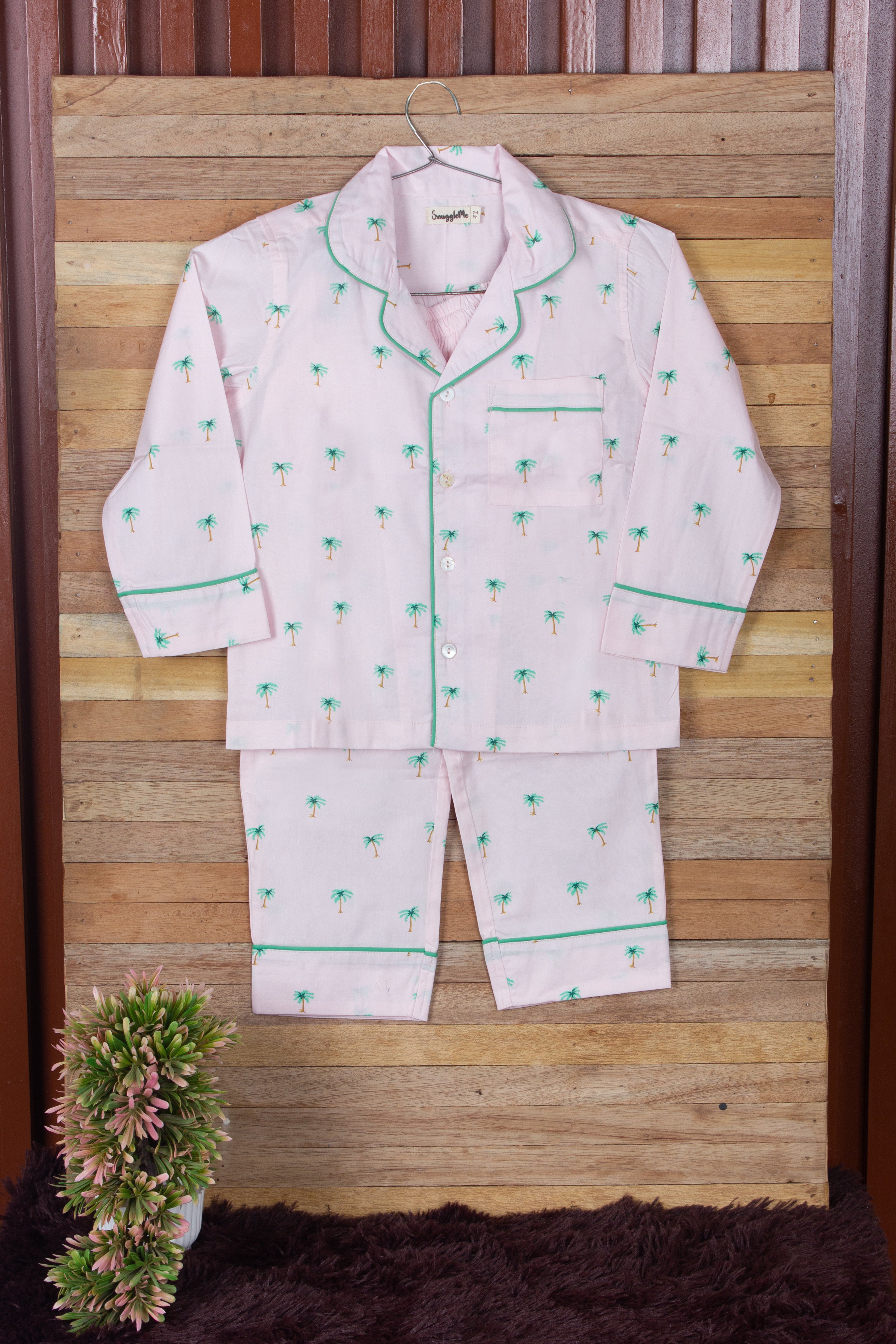 Snuggleme Unisex Palm Print Full Sleeve Nightsuit-Pink