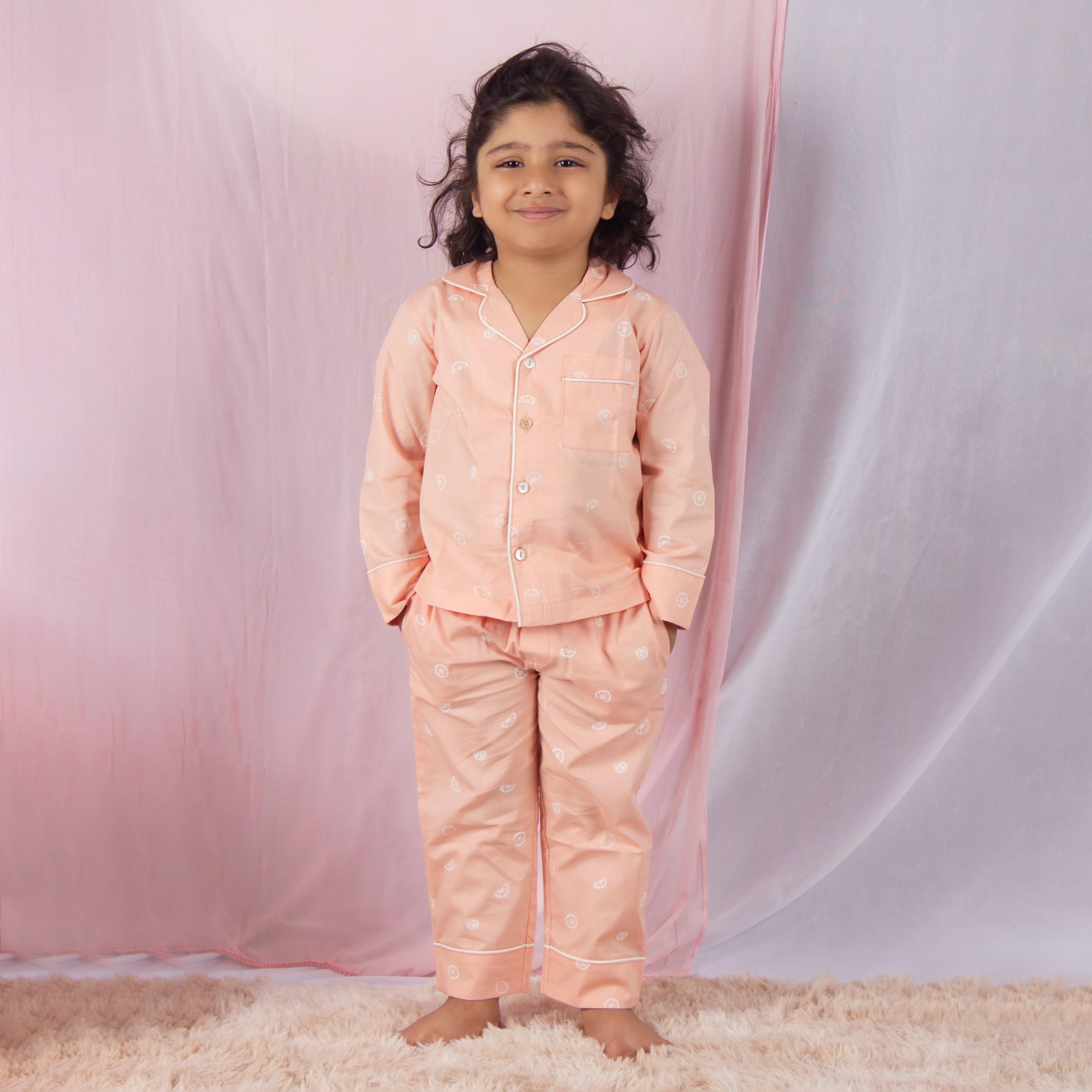 Snuggleme Unisex Lemon Print Full Sleeve cotton Nightsuit-Peach