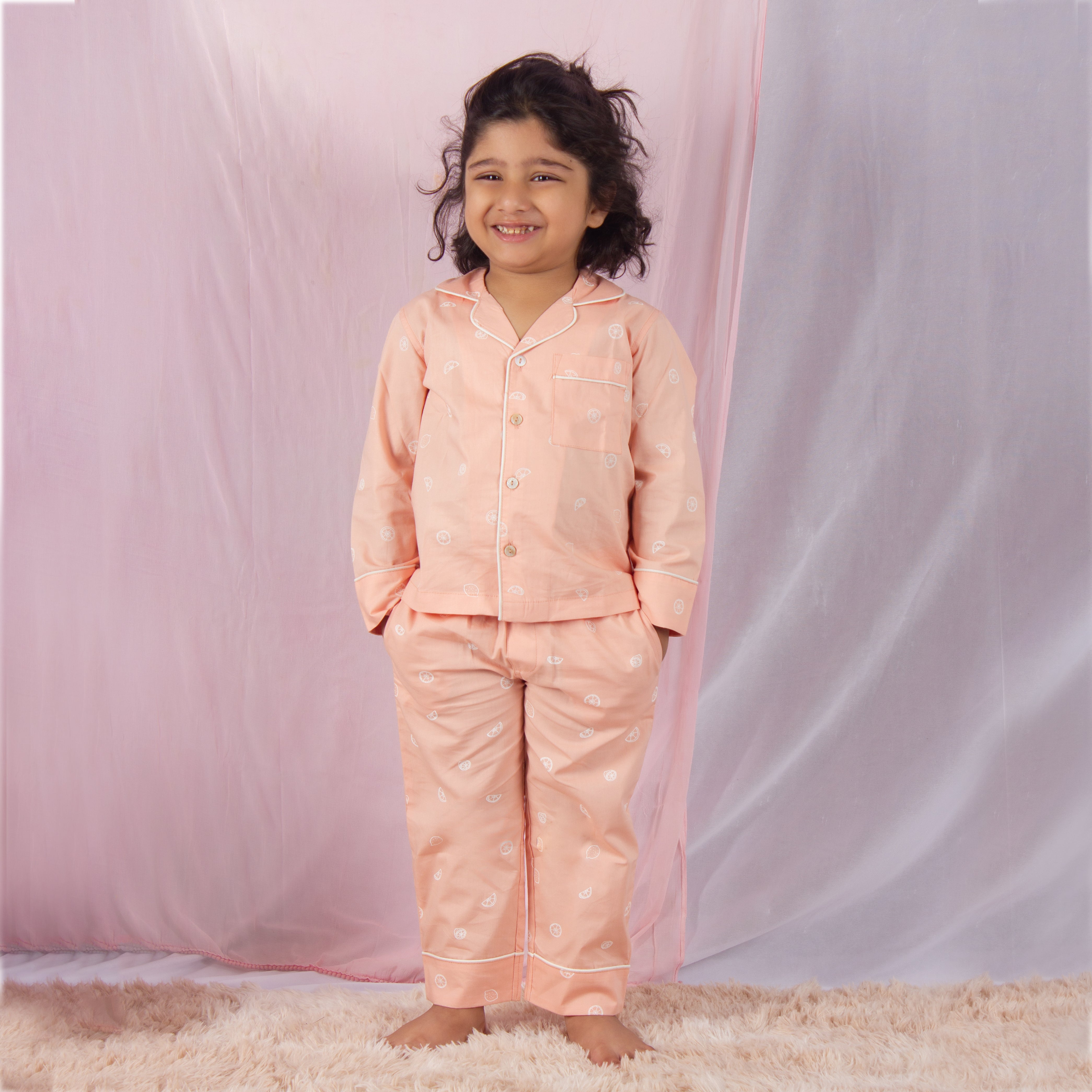 Snuggleme Unisex Lemon Print Full Sleeve cotton Nightsuit-Peach
