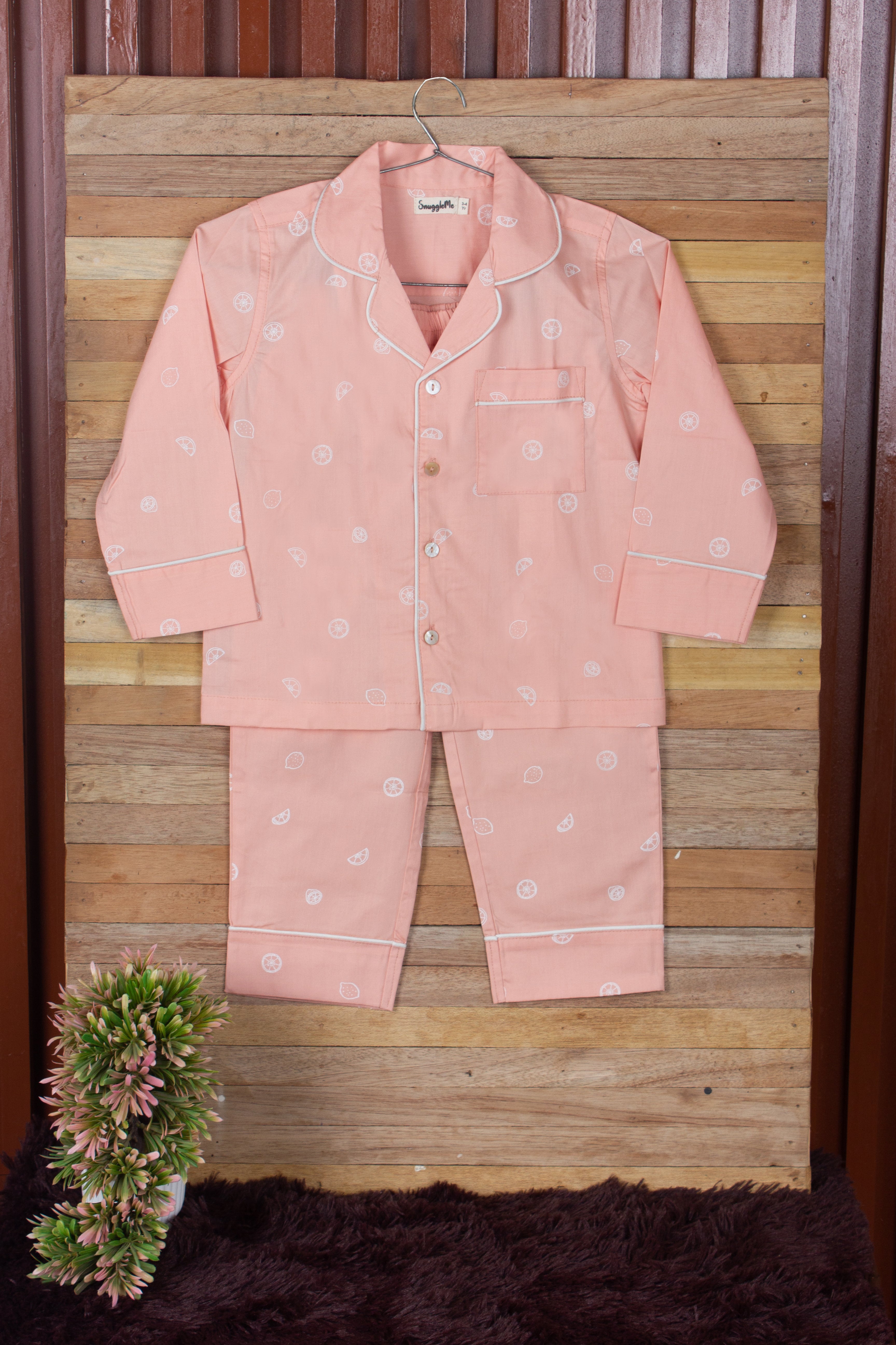 Snuggleme Unisex Lemon Print Full Sleeve cotton Nightsuit-Peach