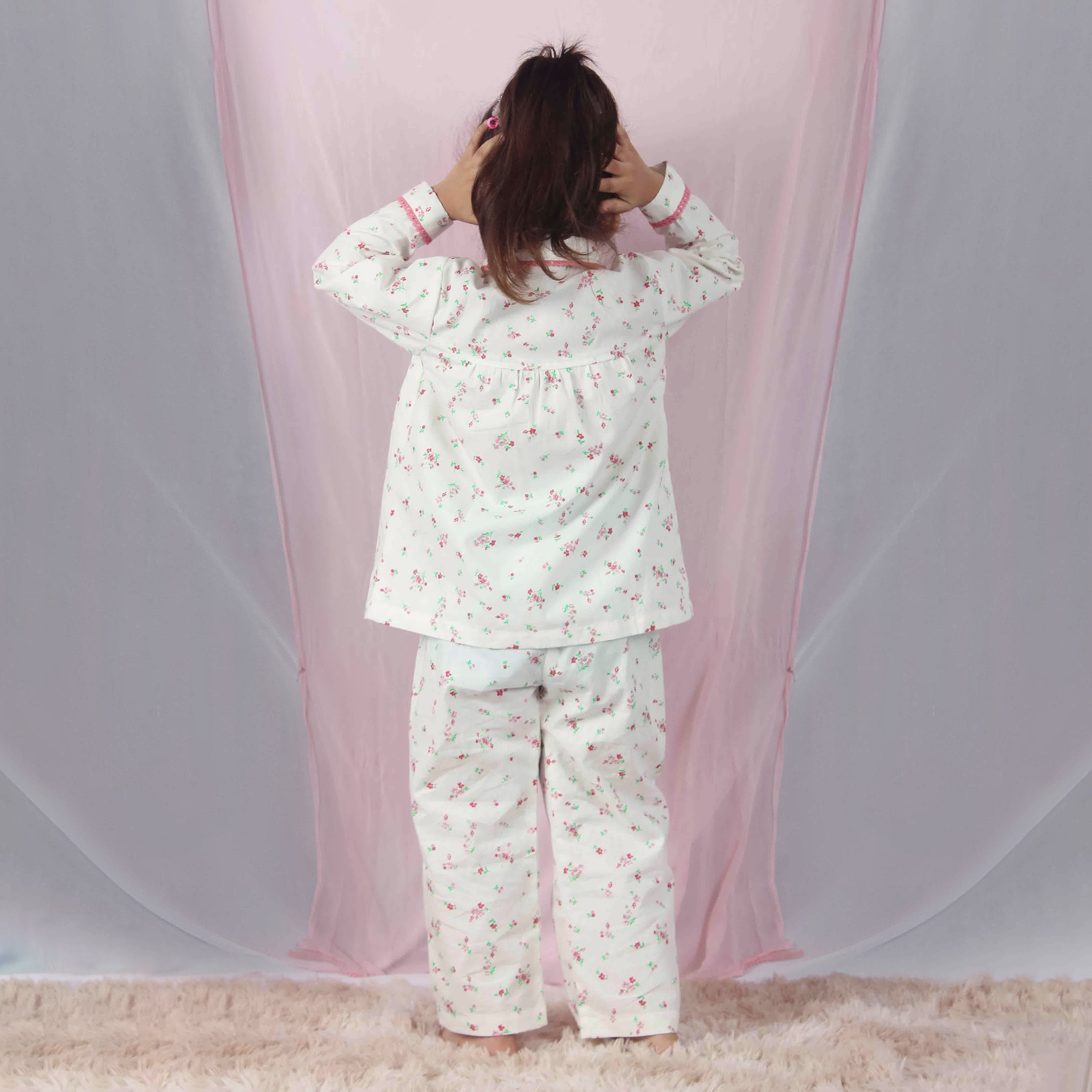 Snuggleme Girls Floral Pink Lace NightSuit-White