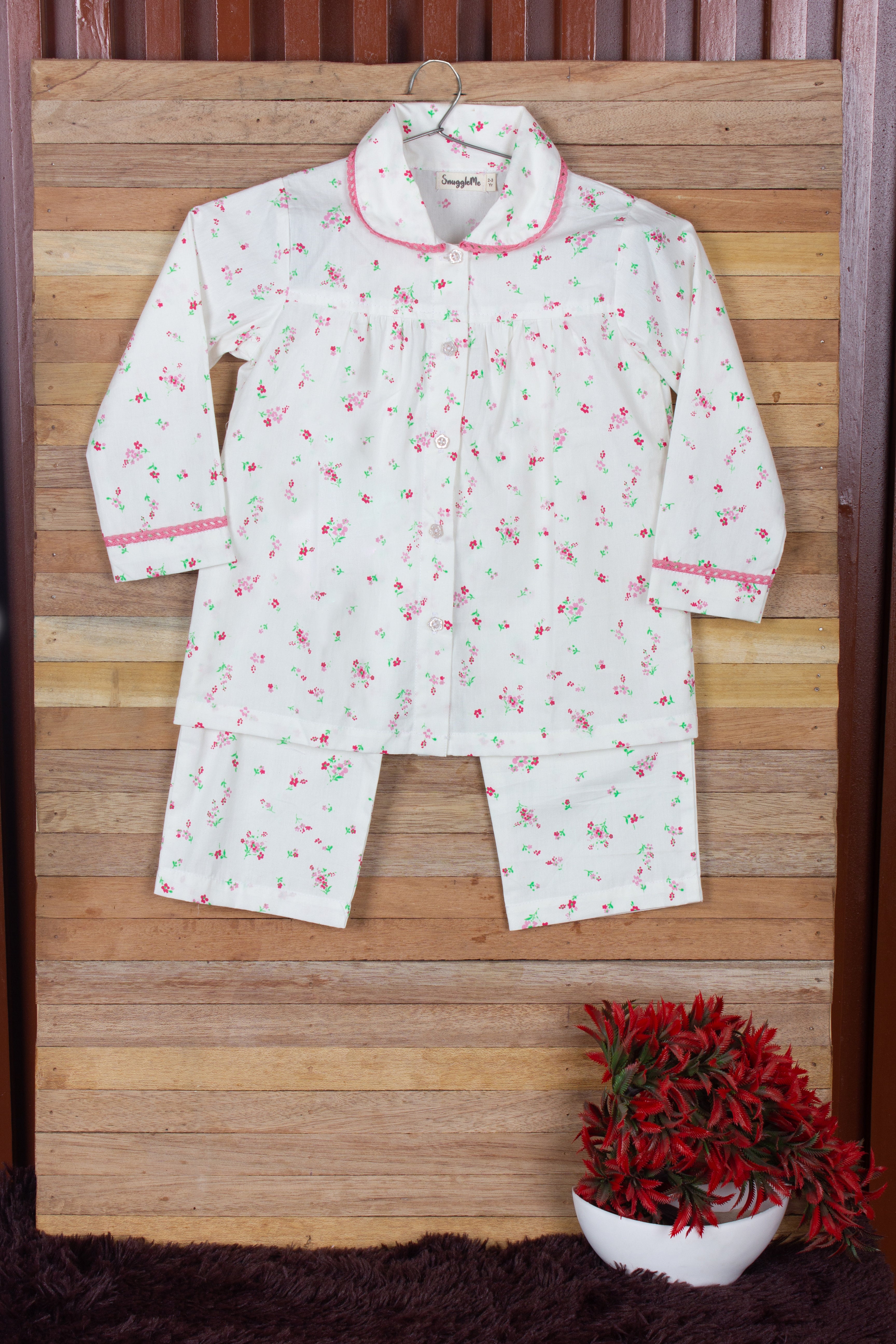 Snuggleme Girls Floral Pink Lace NightSuit-White