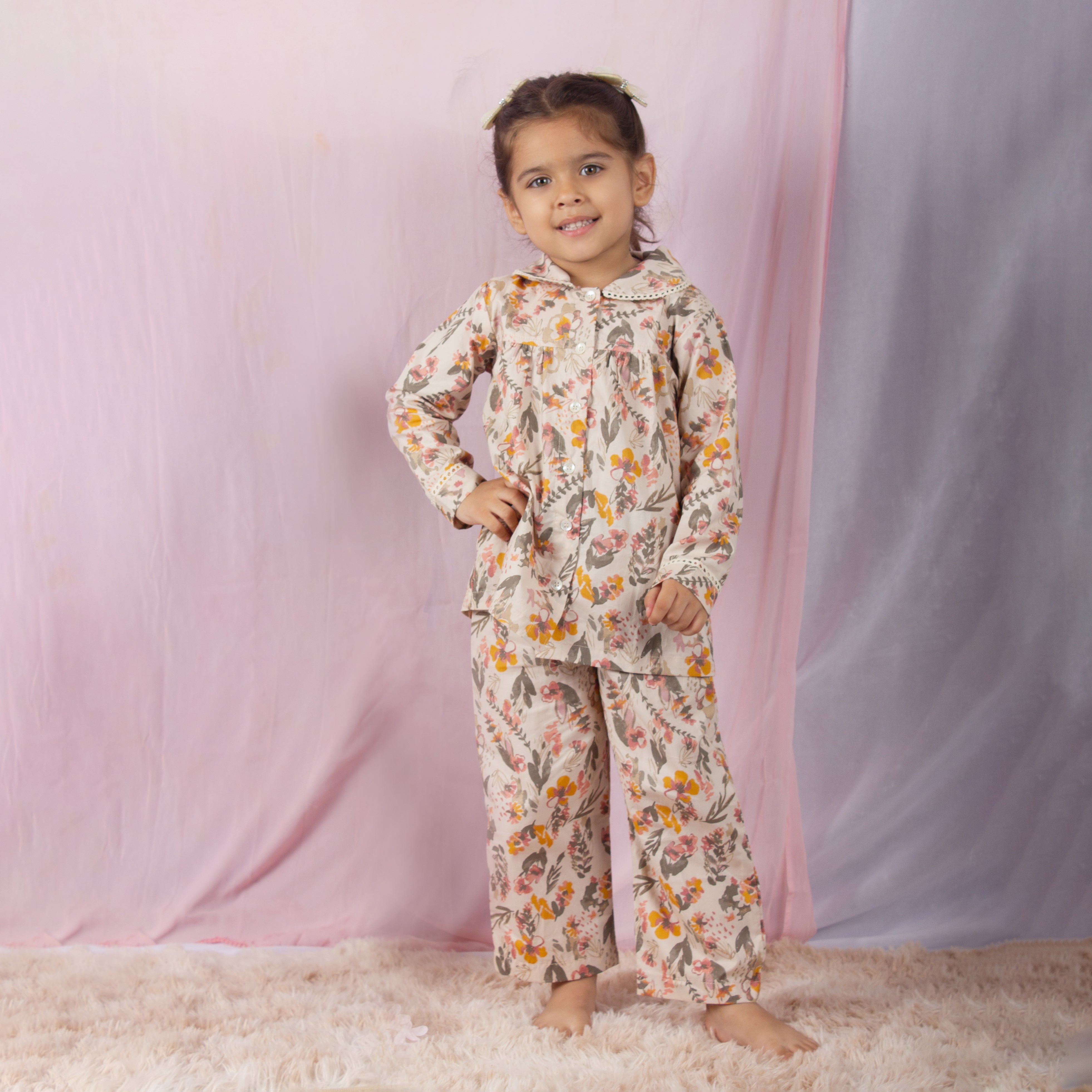 Snuggleme Girls Floral White Lace NightSuit-Cream