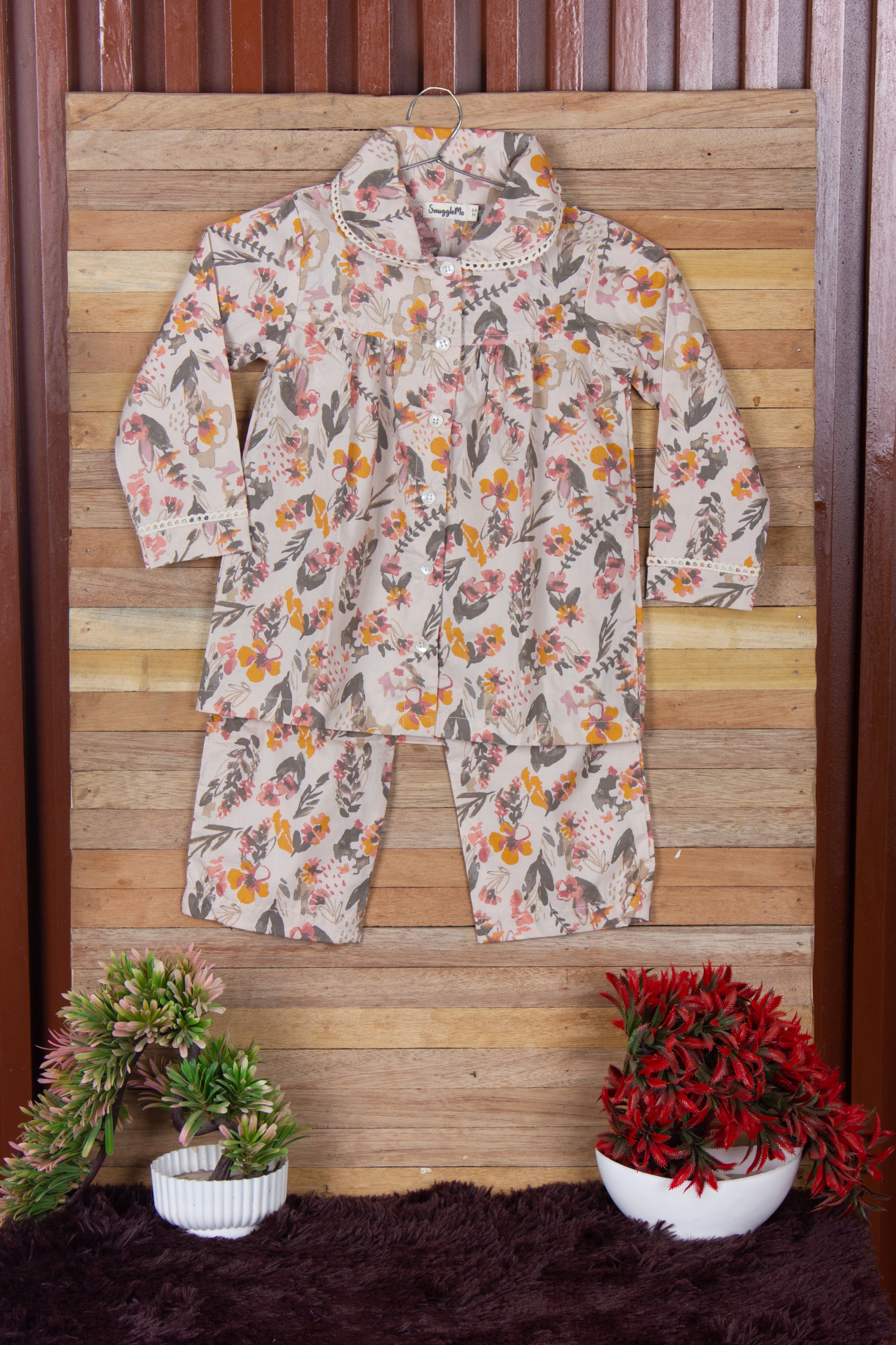 Snuggleme Girls Floral White Lace NightSuit-Cream