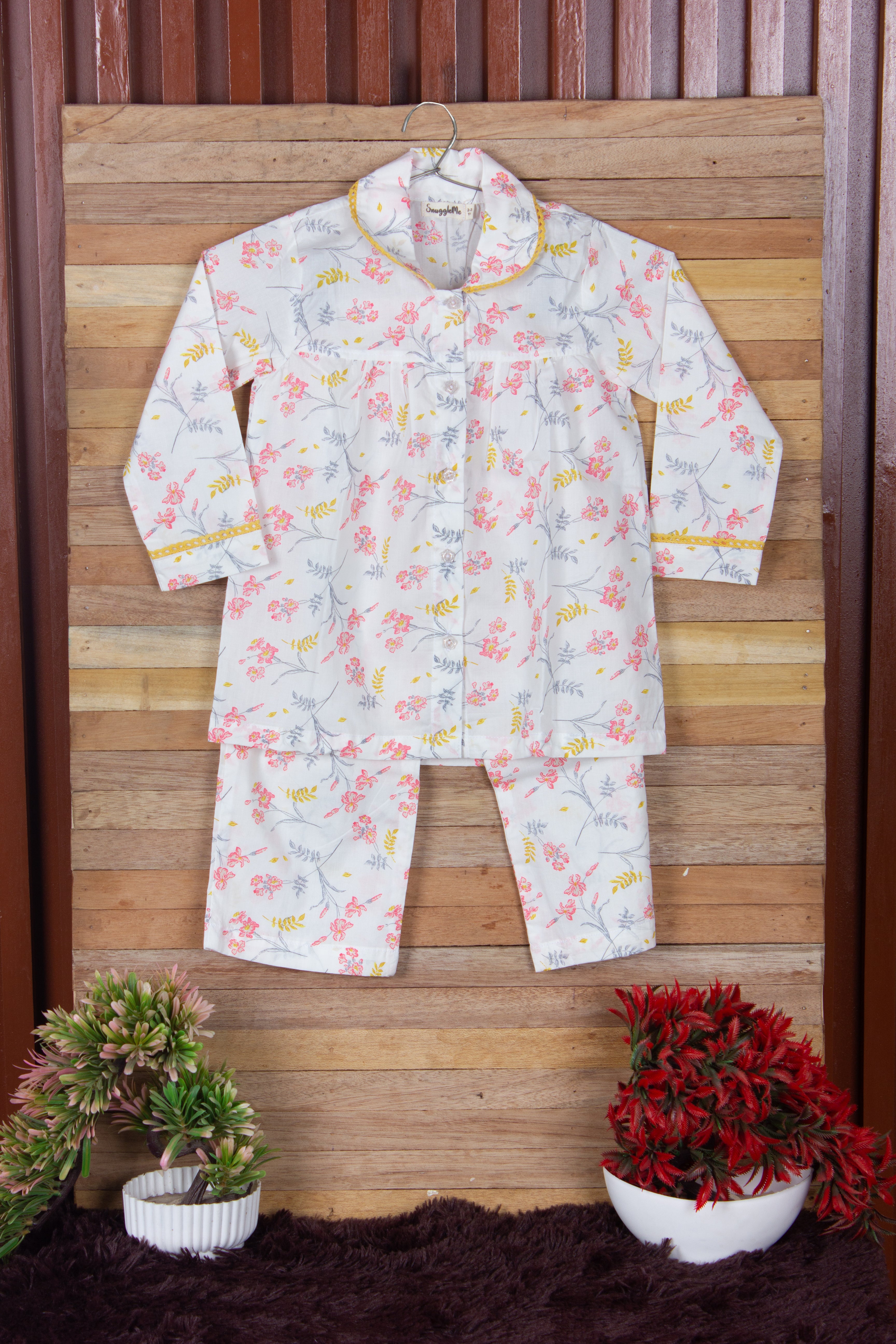 Snuggleme Girls Floral Yellow Lace NightSuit-Off White
