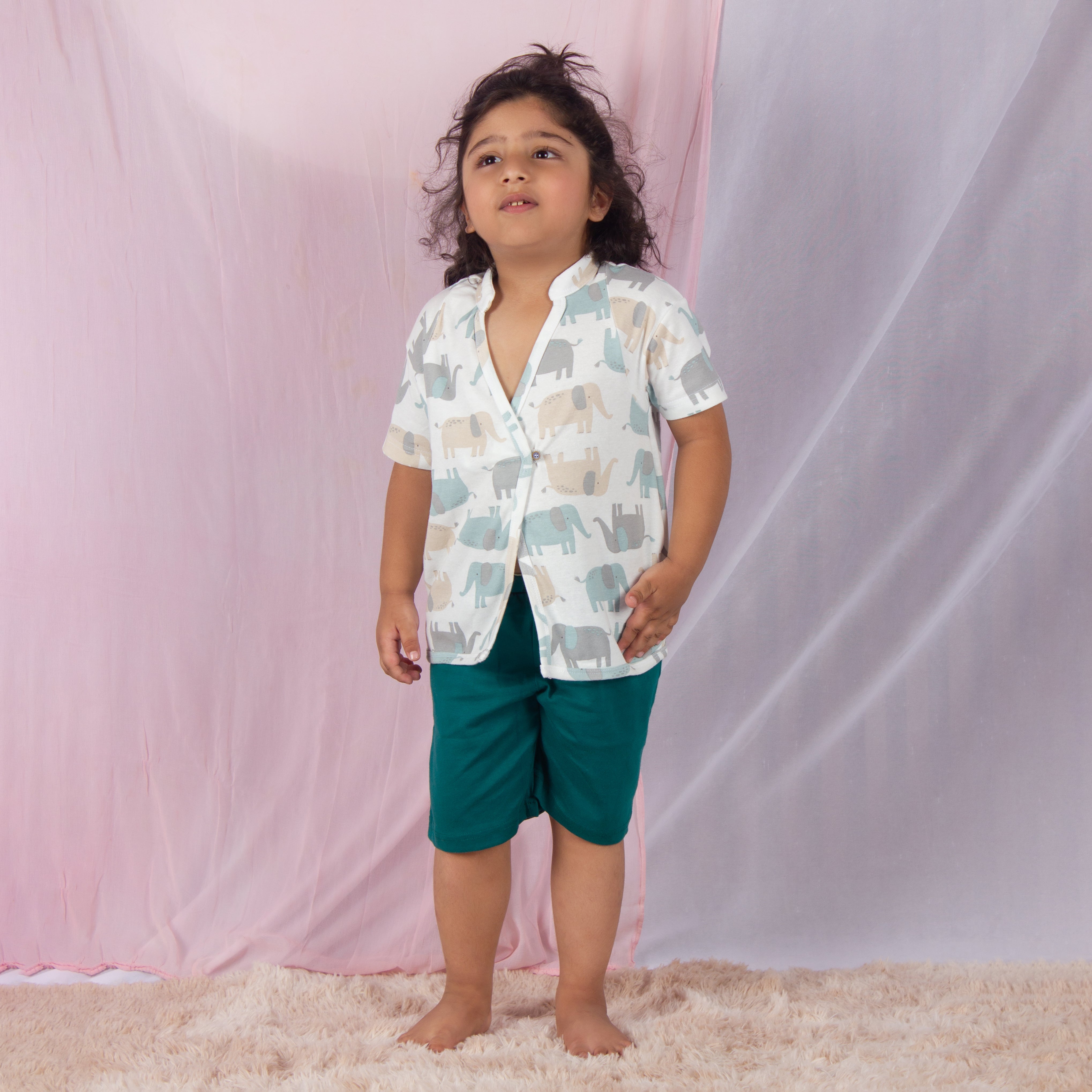 Snuggleme Boys Elephant Angrakha Nightsuit-White/Green